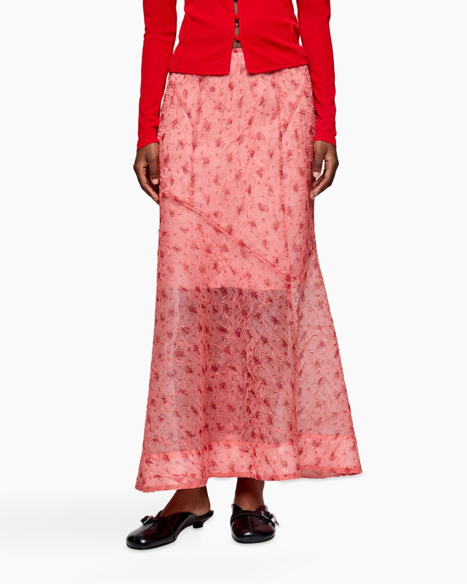 maxi skirt, lace, pink, ankle length, slip-on shoes