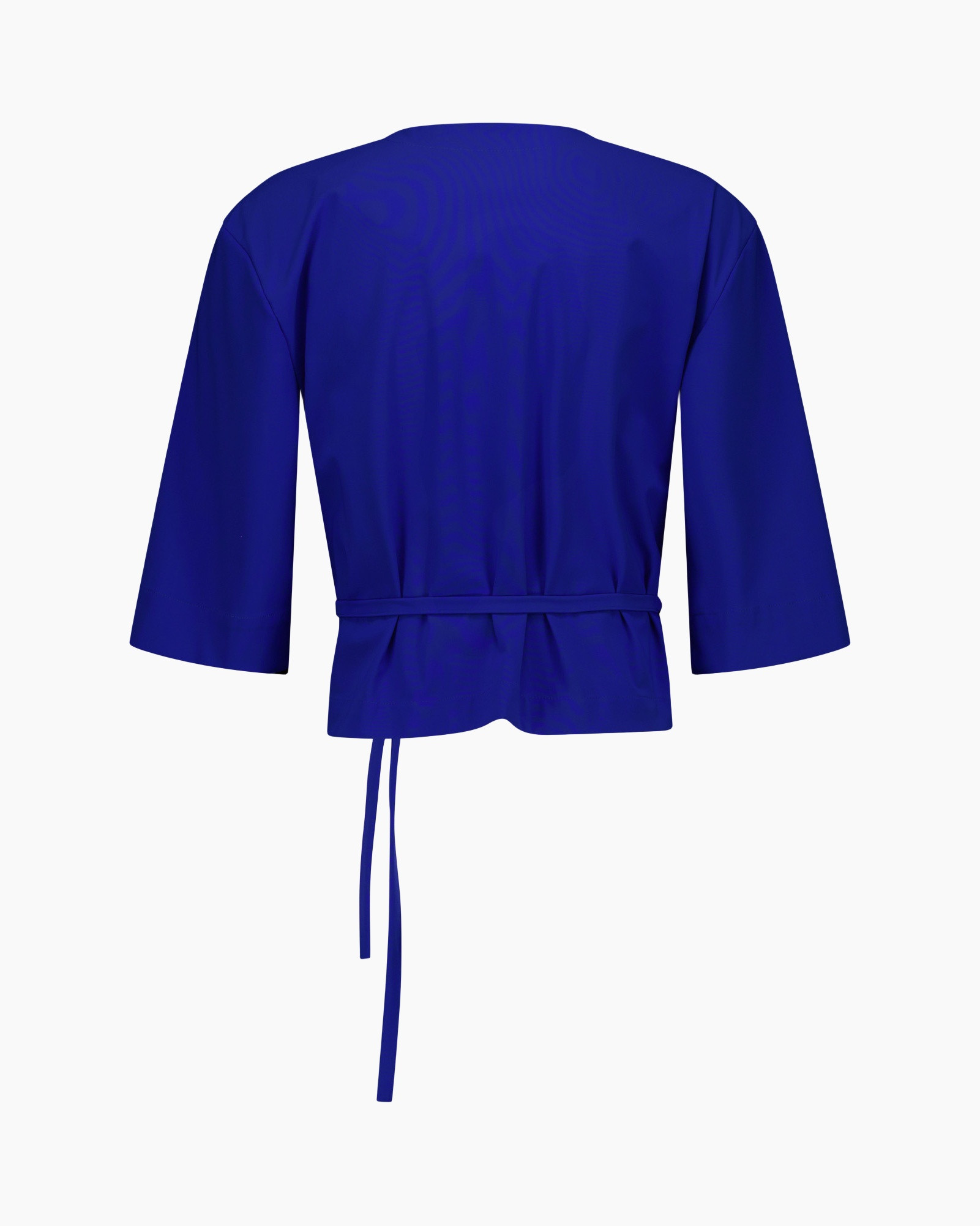 blouse, bright blue, buttons, belt, short sleeves
