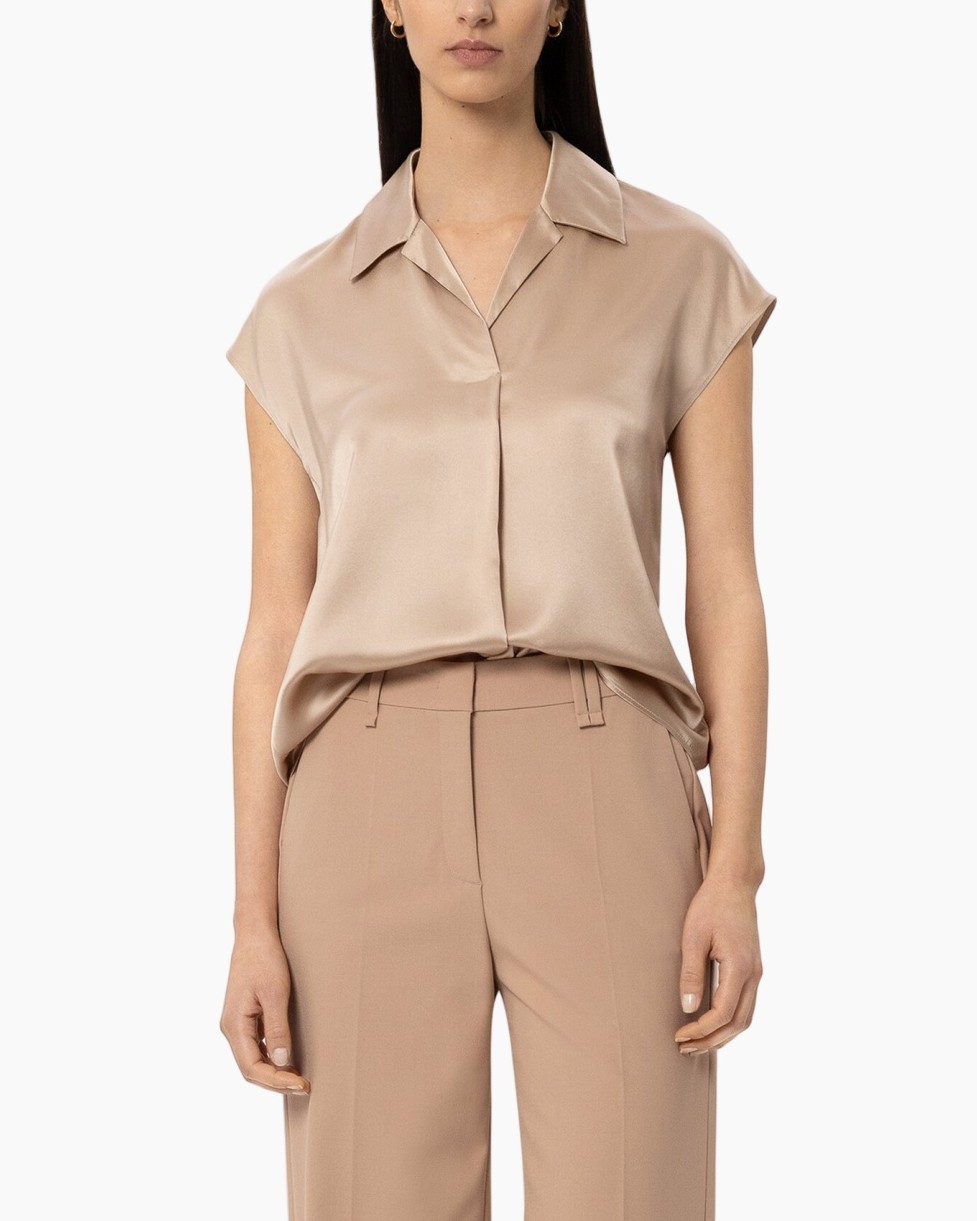 silk, blouse, beige, short sleeves, collared