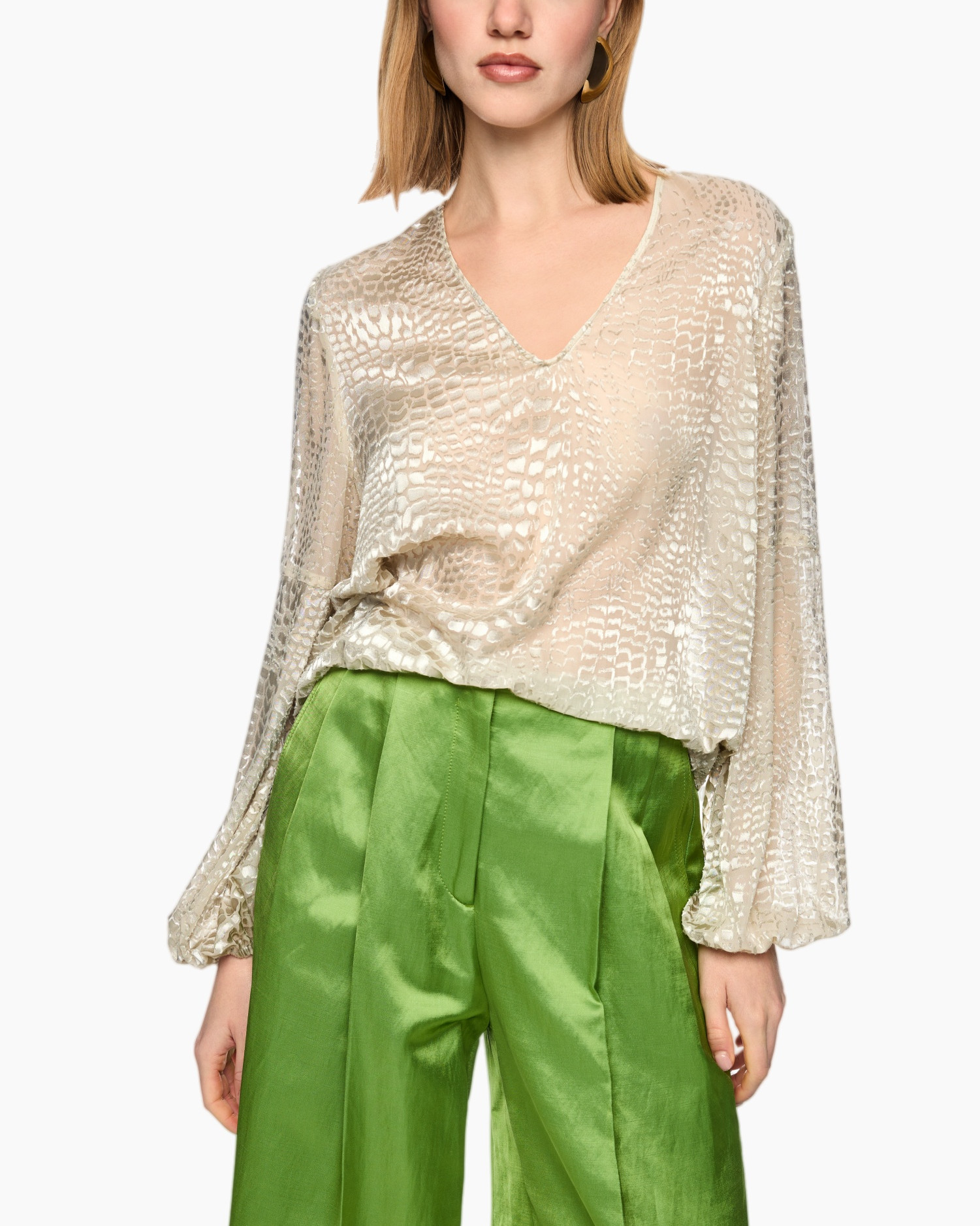 blouse, sheer, v-neck, longsleeve, neutral