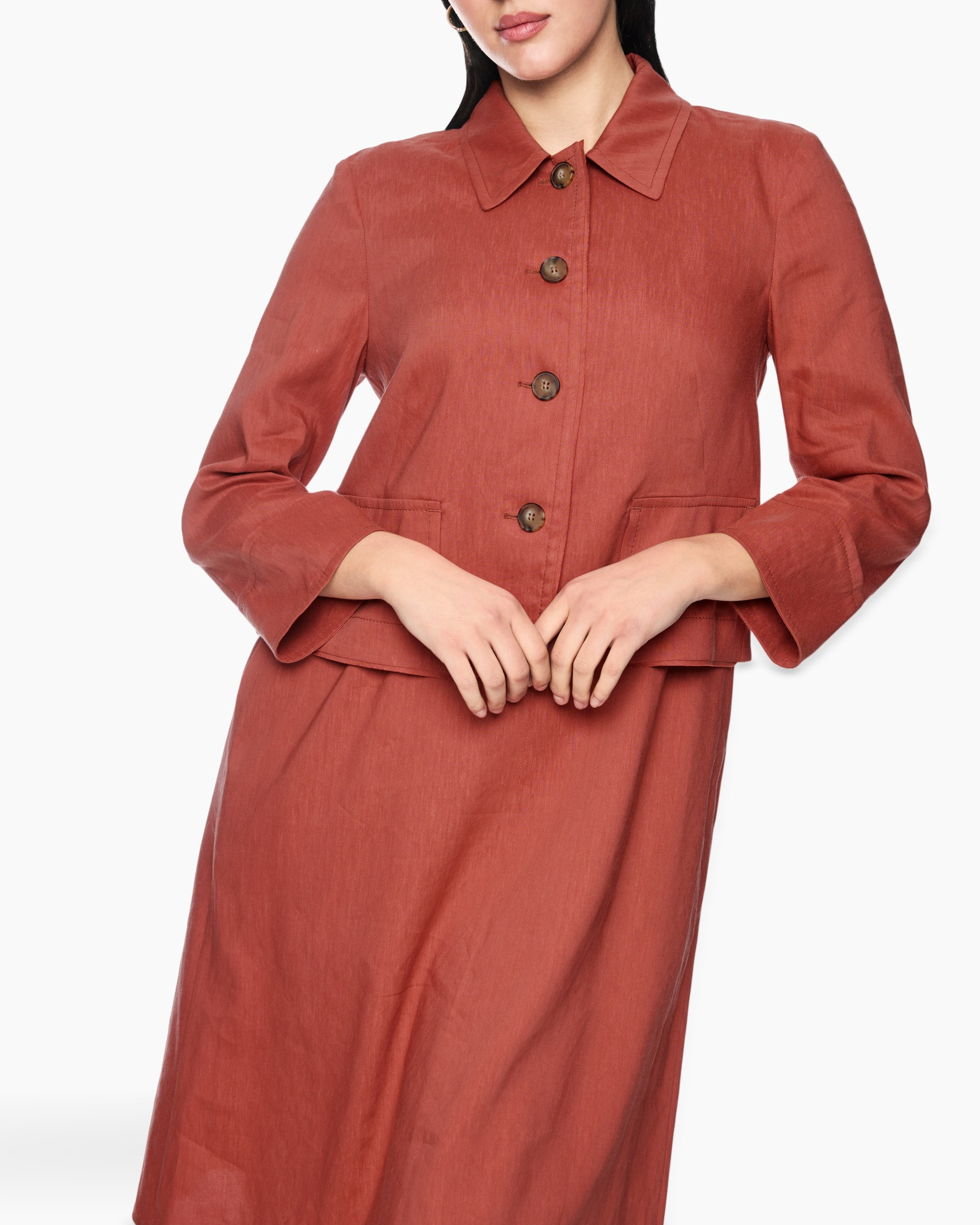 jacket, linen, collared, button-down, rust
