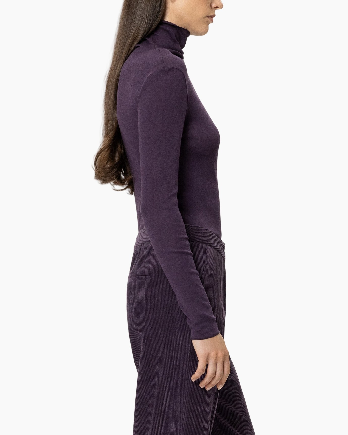 turtleneck, long-sleeve, purple, corduroy, pants