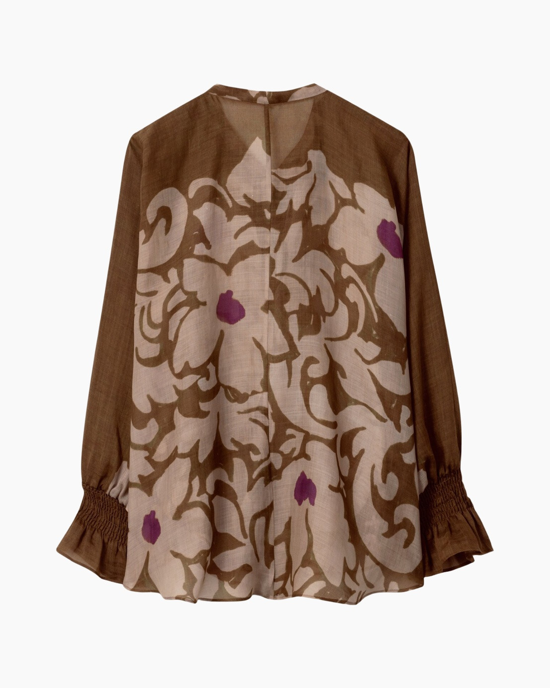 blouse, long sleeves, floral pattern, brown, linen-like