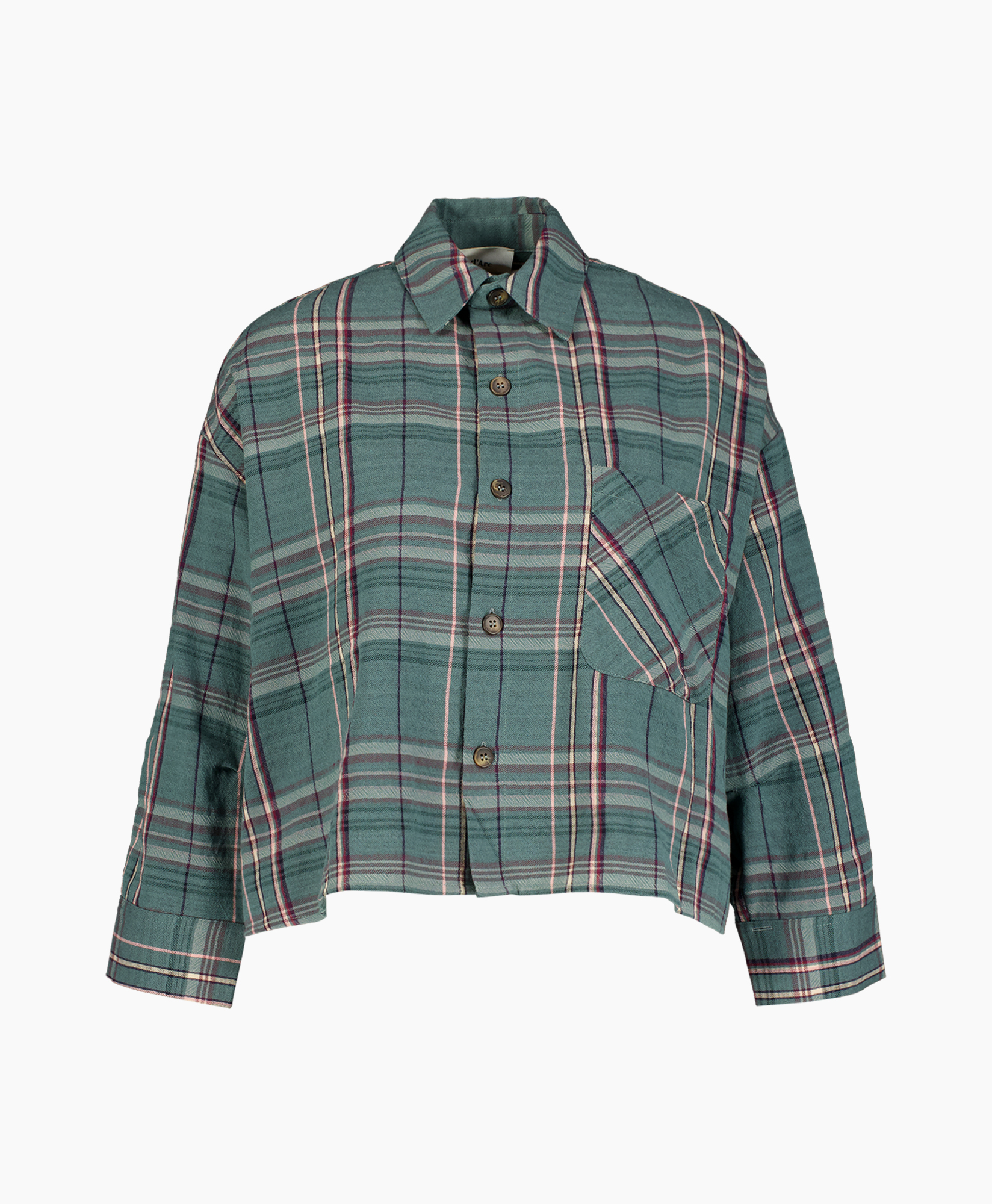 plaid, button-up, long-sleeve, pocket, green