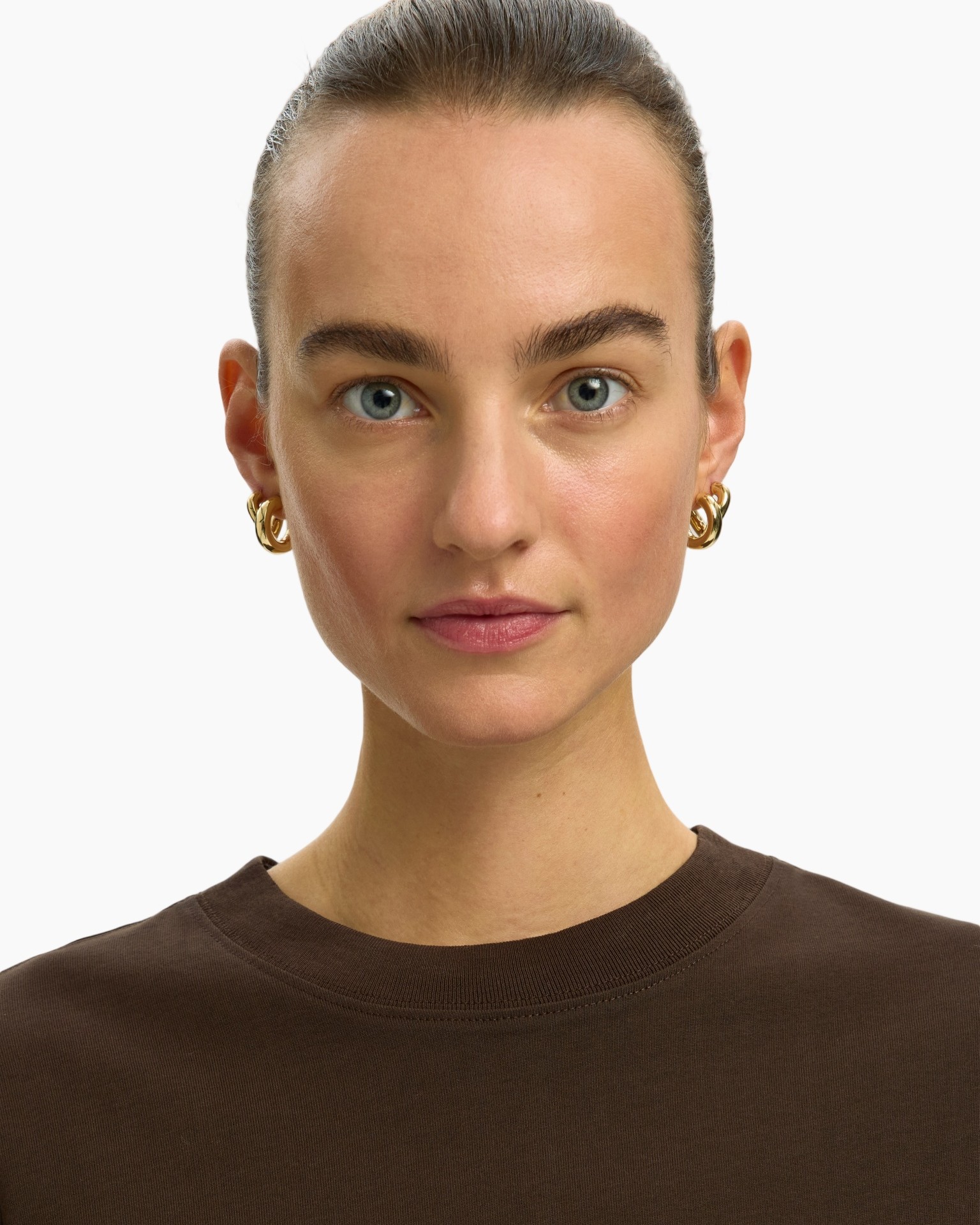 earrings, gold, hoop, brown top, woman