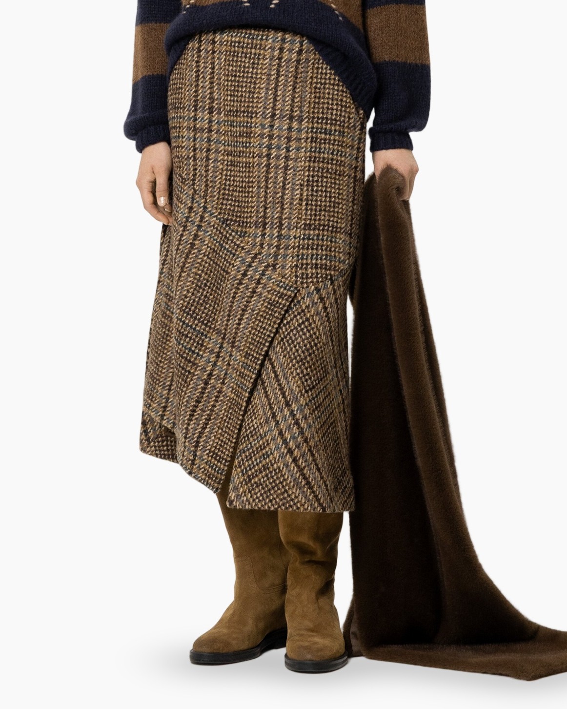 plaid skirt, tweed, ankle-length, boots, knit sweater
