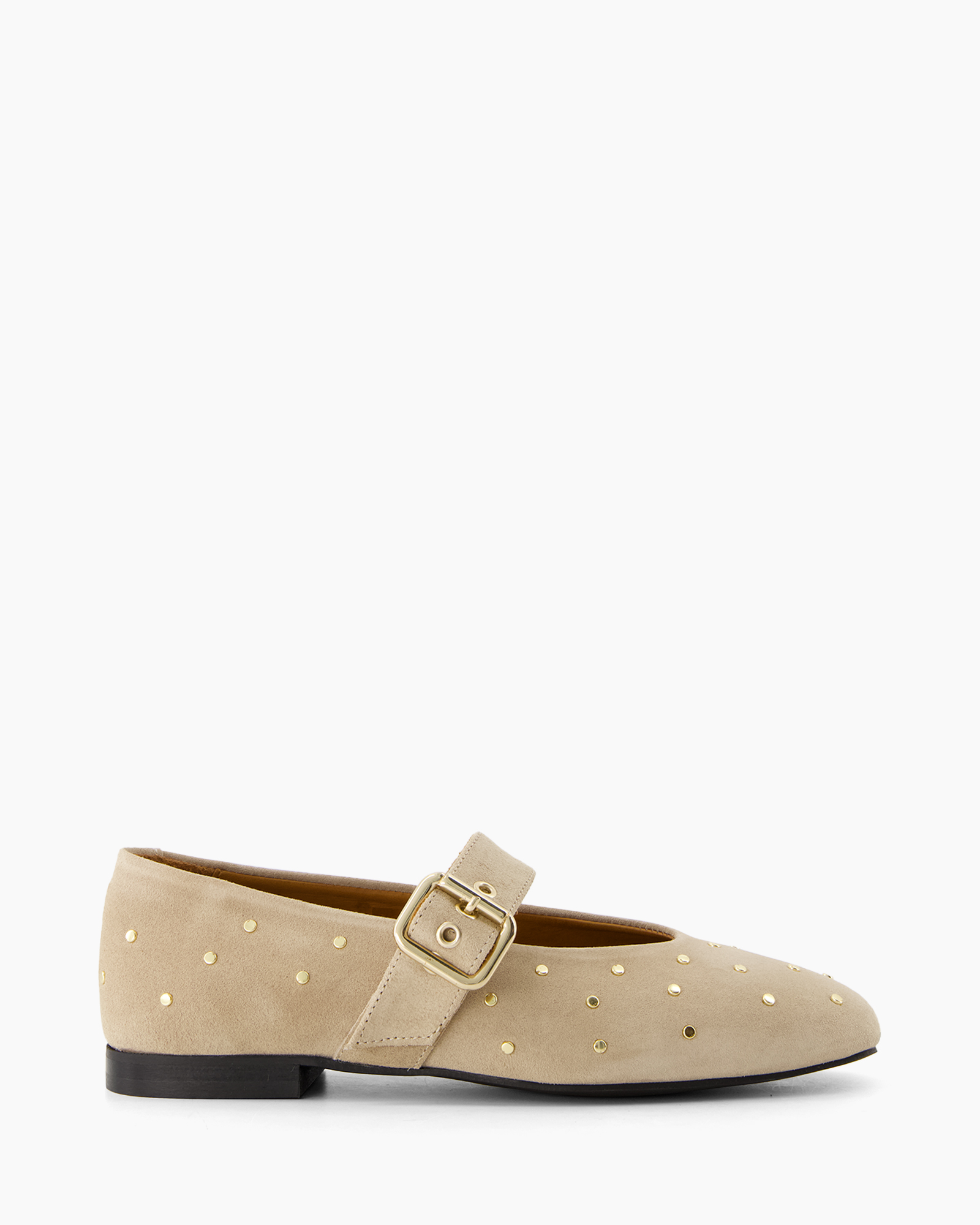 buckle, flat shoe, beige suede, gold stud, women's loafer