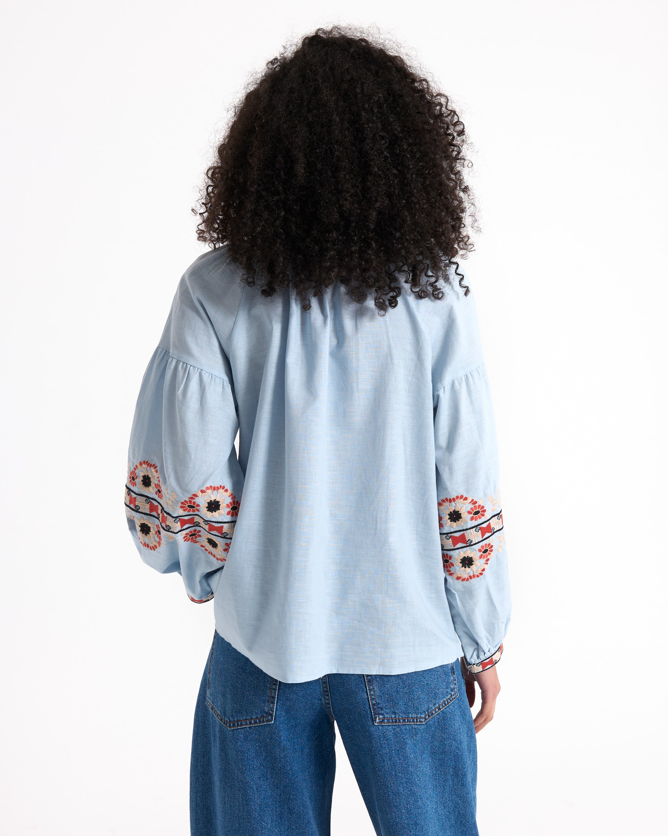 blouse, embroidered sleeves, light blue, long sleeves, casual top