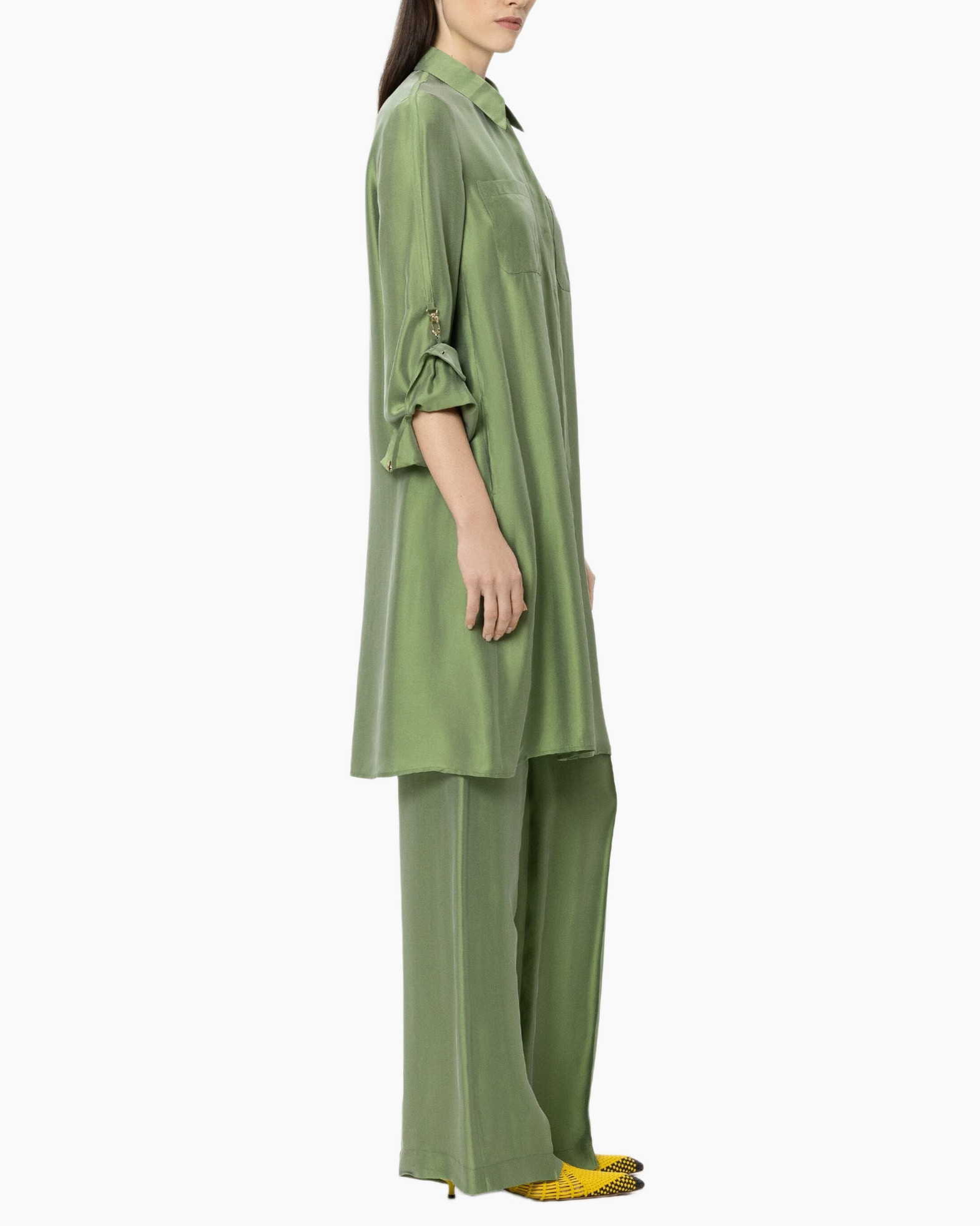 green, pants, shirt-dress, silky, wide-leg