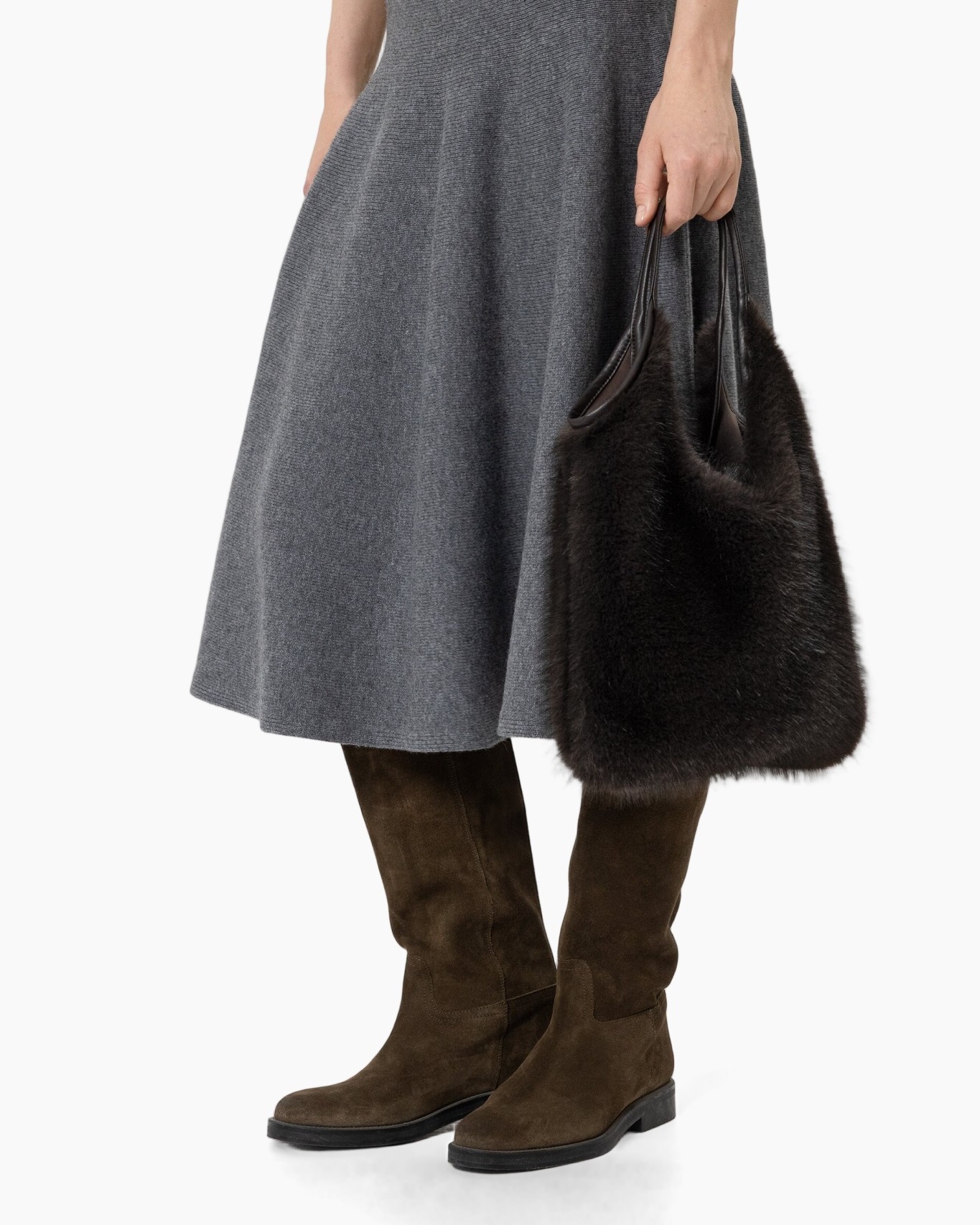 knee-length dress, gray knit, ankle boots, fur bag, handbag