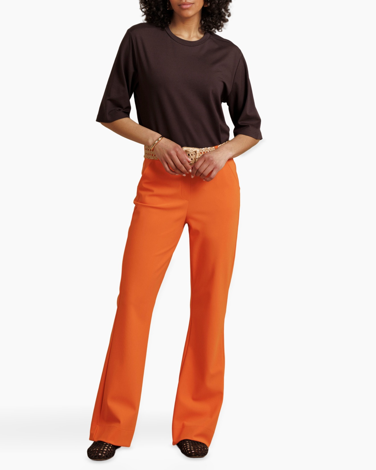 top, t-shirt, brown, mid sleeve, pants, orange, wide-leg, belt, braided belt, outfit