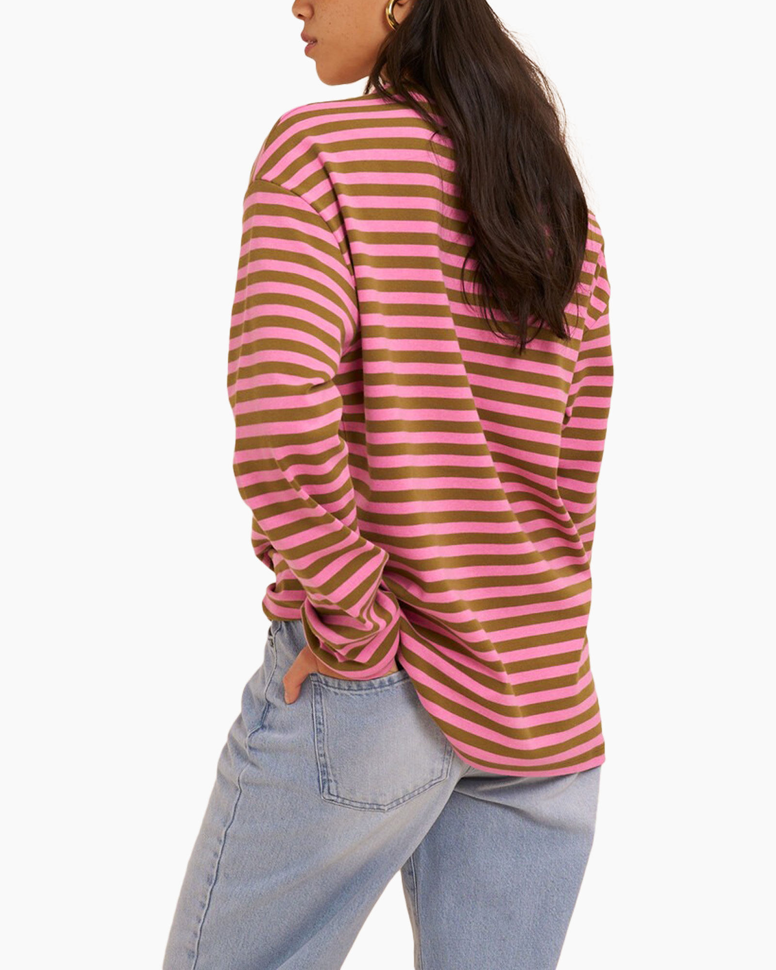 striped long-sleeve shirt, pink and brown stripes, loose fit, crew neck, cotton blend