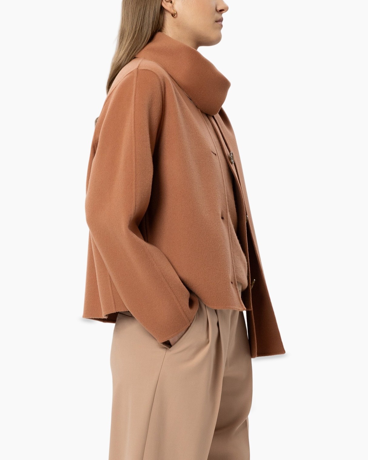 coat, camel, scarf collar, button closure,  oversized