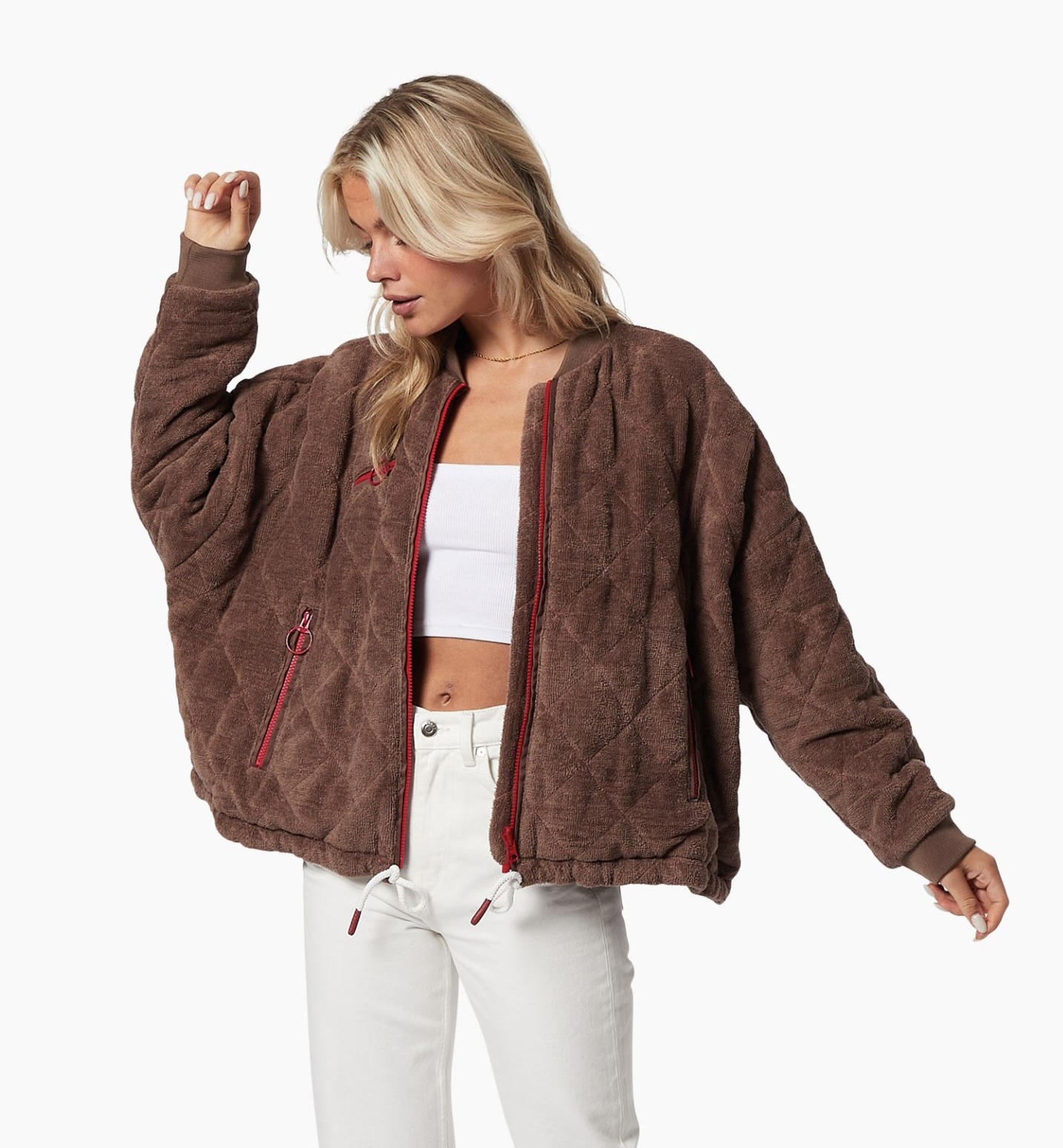 bomber jacket, quilted, brown, zippered pockets, drawstring hem