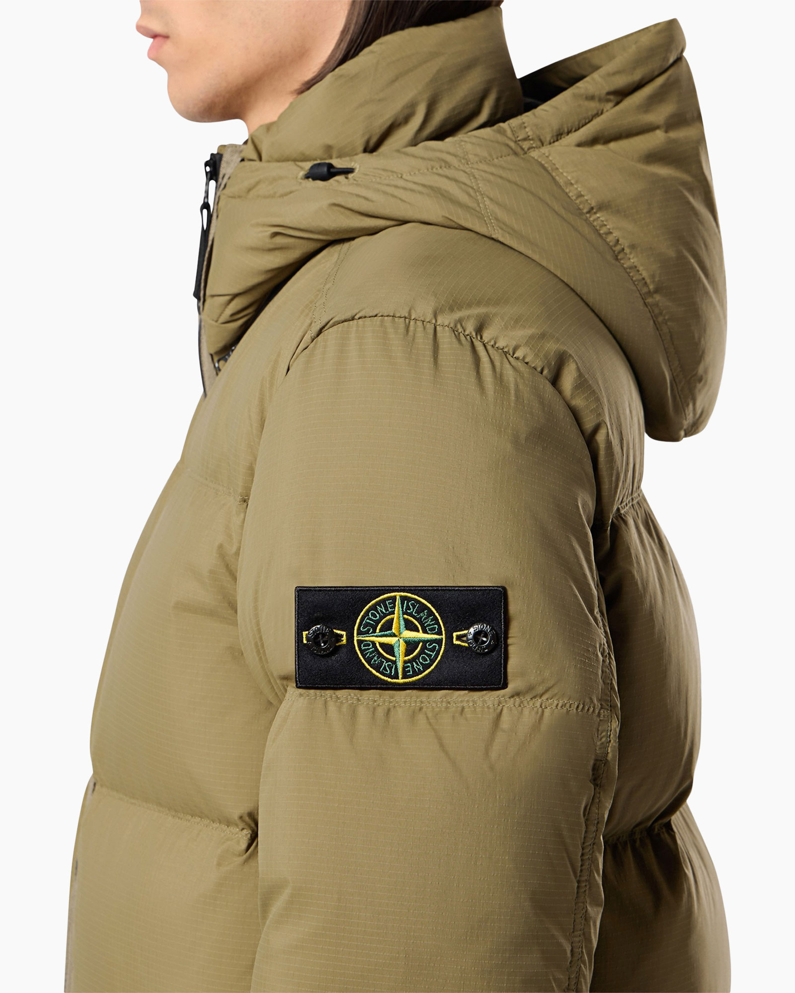 puffer jacket, hooded, camel color, logo patch, down filled
