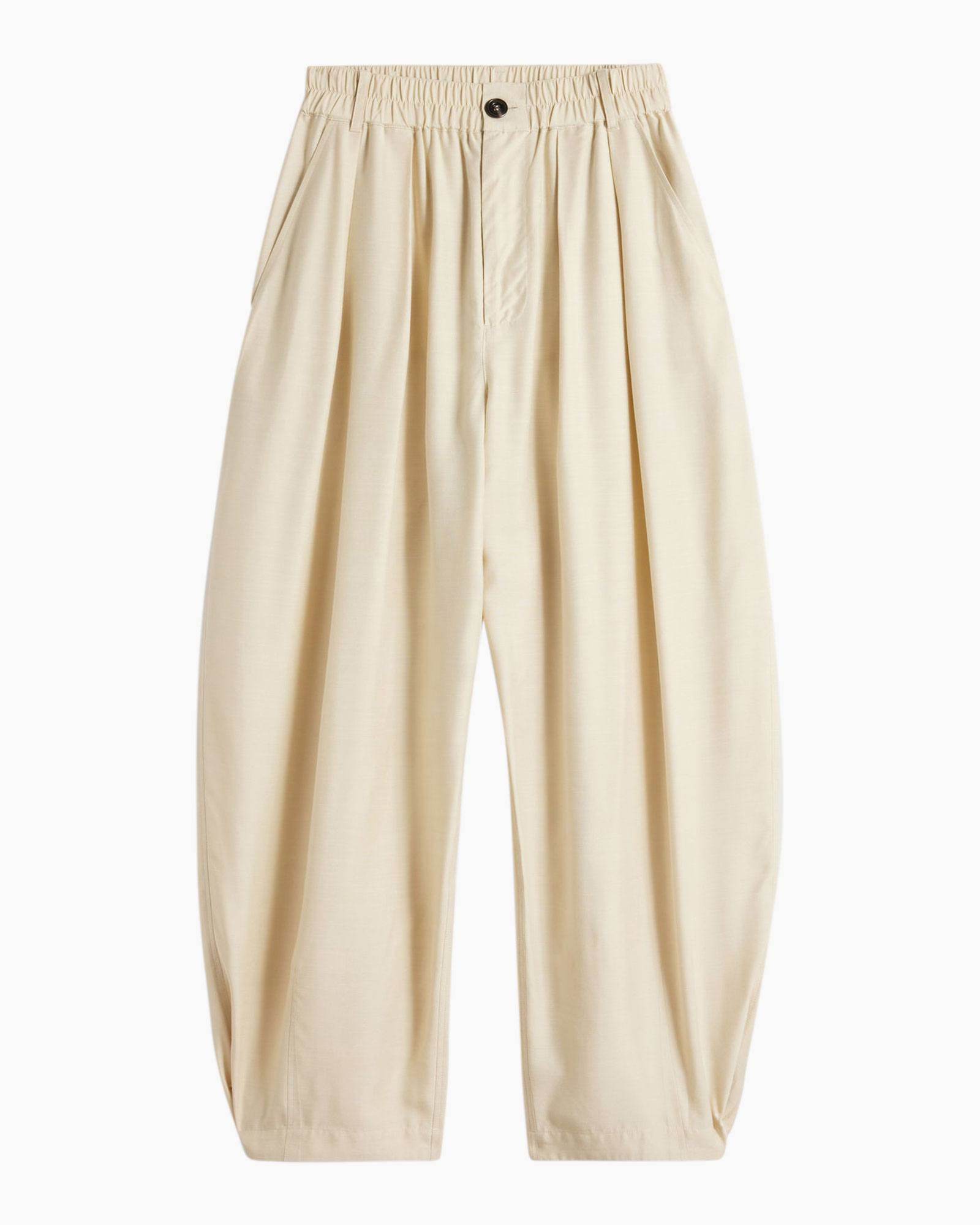pants, beige, elastic waist, pleated, loose fit