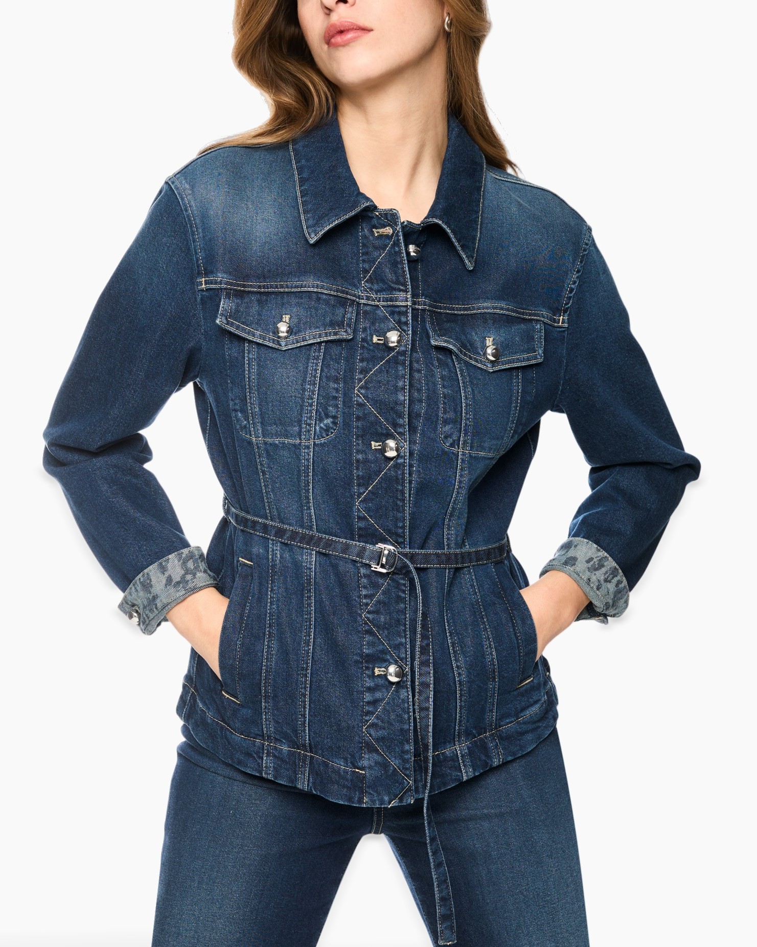denim jacket, jean jacket, belted, button closure, contrast stitching