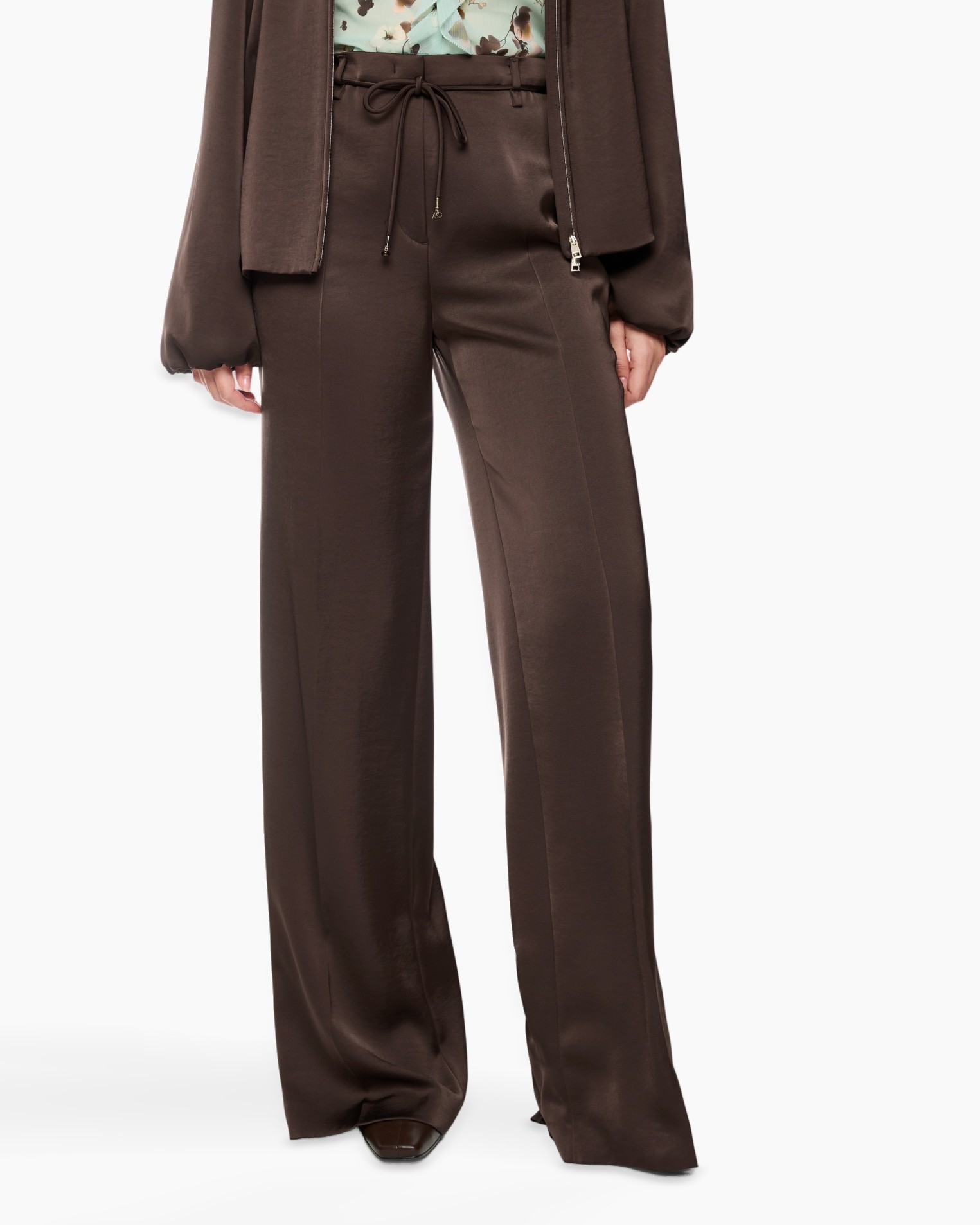 pants, wide-leg, brown, drawstring, satin