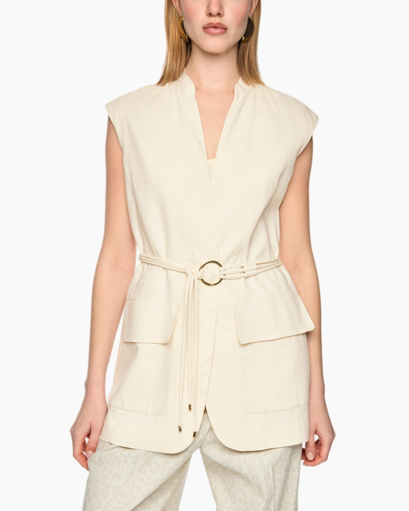 beige, vest, waist belt, pocketed, sleeveless