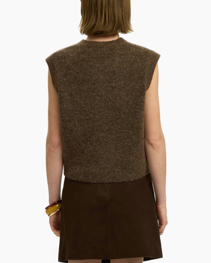 knit vest, brown, sleeveless, buttoned, cargo bag accessories