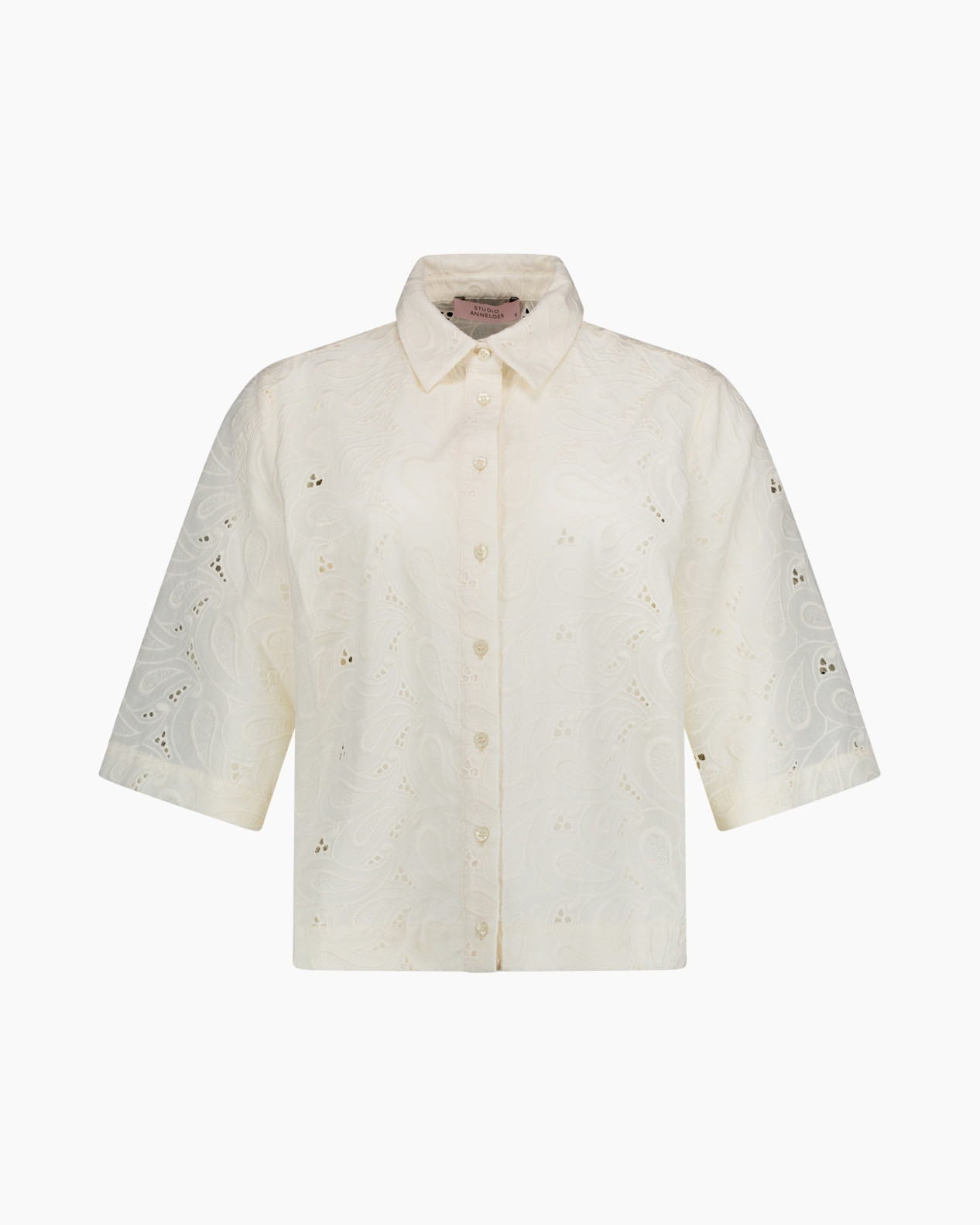 lace, shirt, short sleeve, embroidery, cream