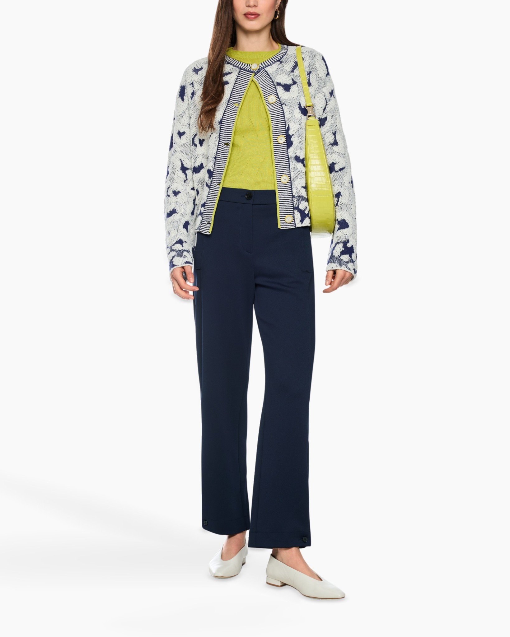 cardigan, birds pattern, knit jacket, navy pants, yellow top