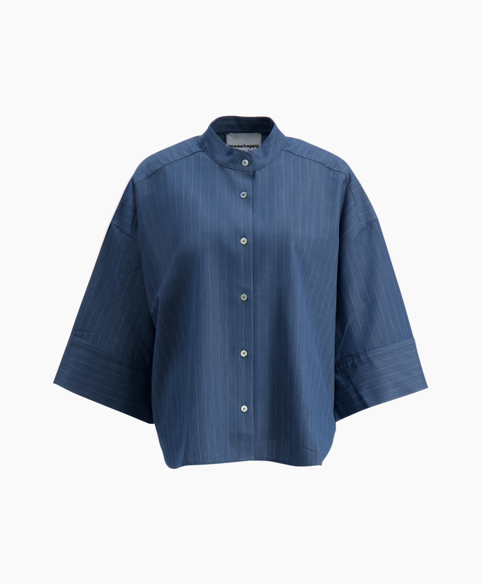 blue shirt, pinstripe, button-down, linen?, loose fit
