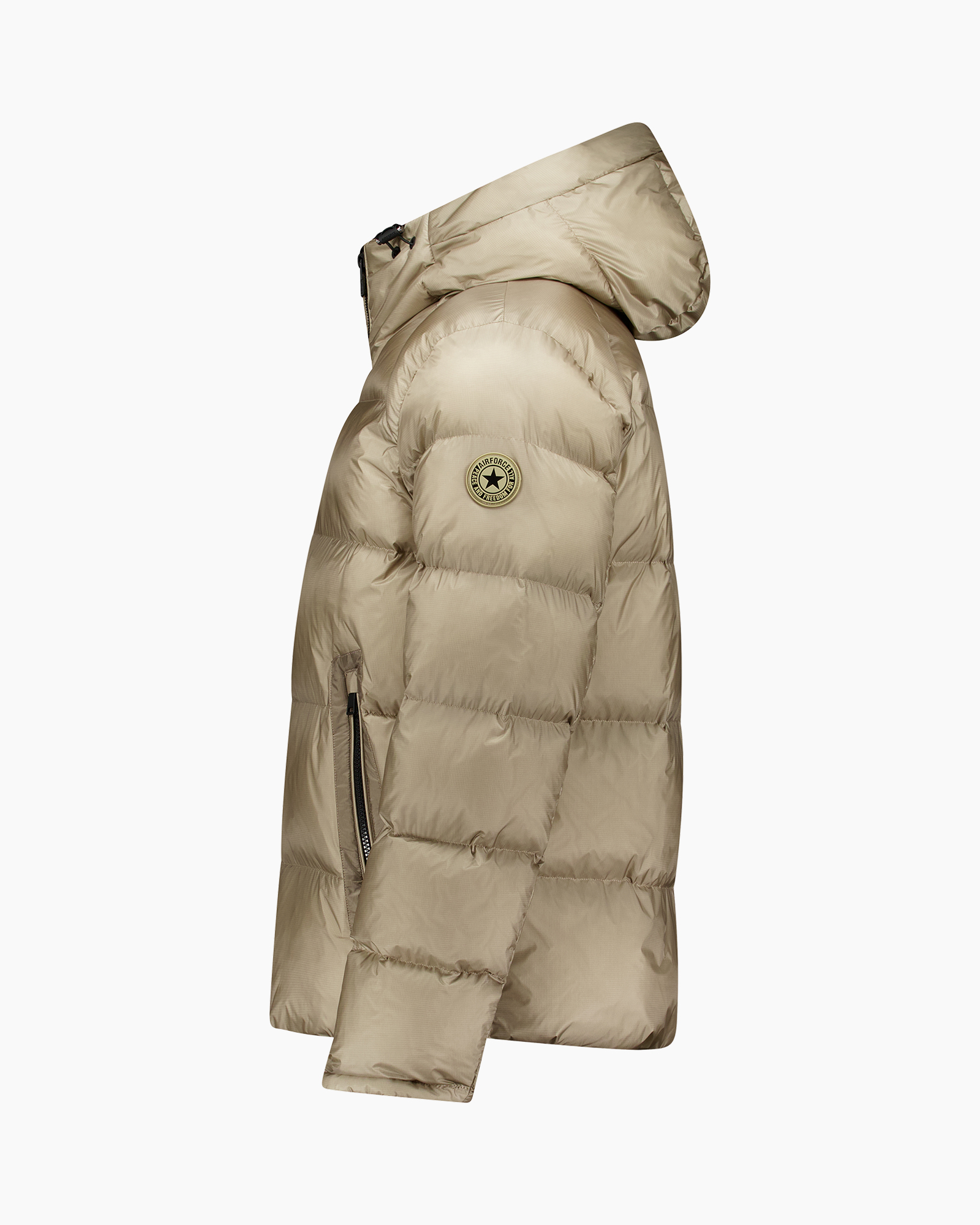 down jacket, puffer, beige, hooded, zipper pocket