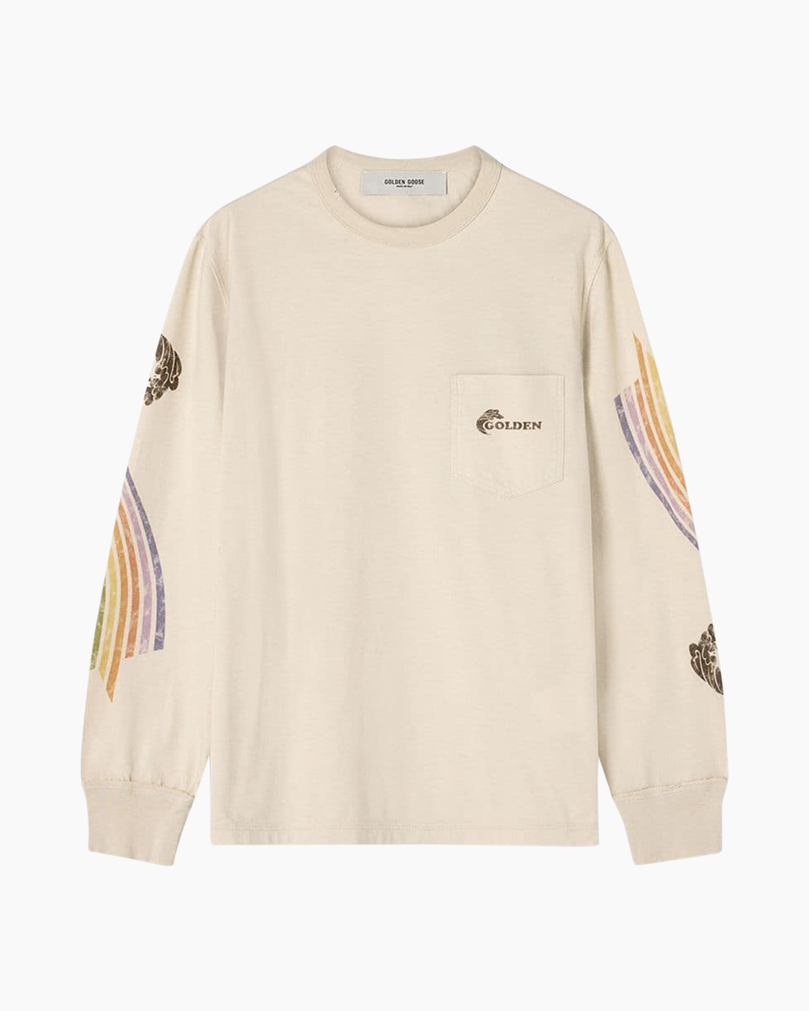 longsleeve, cream, pocket, rainbow arc, graphic sleeves