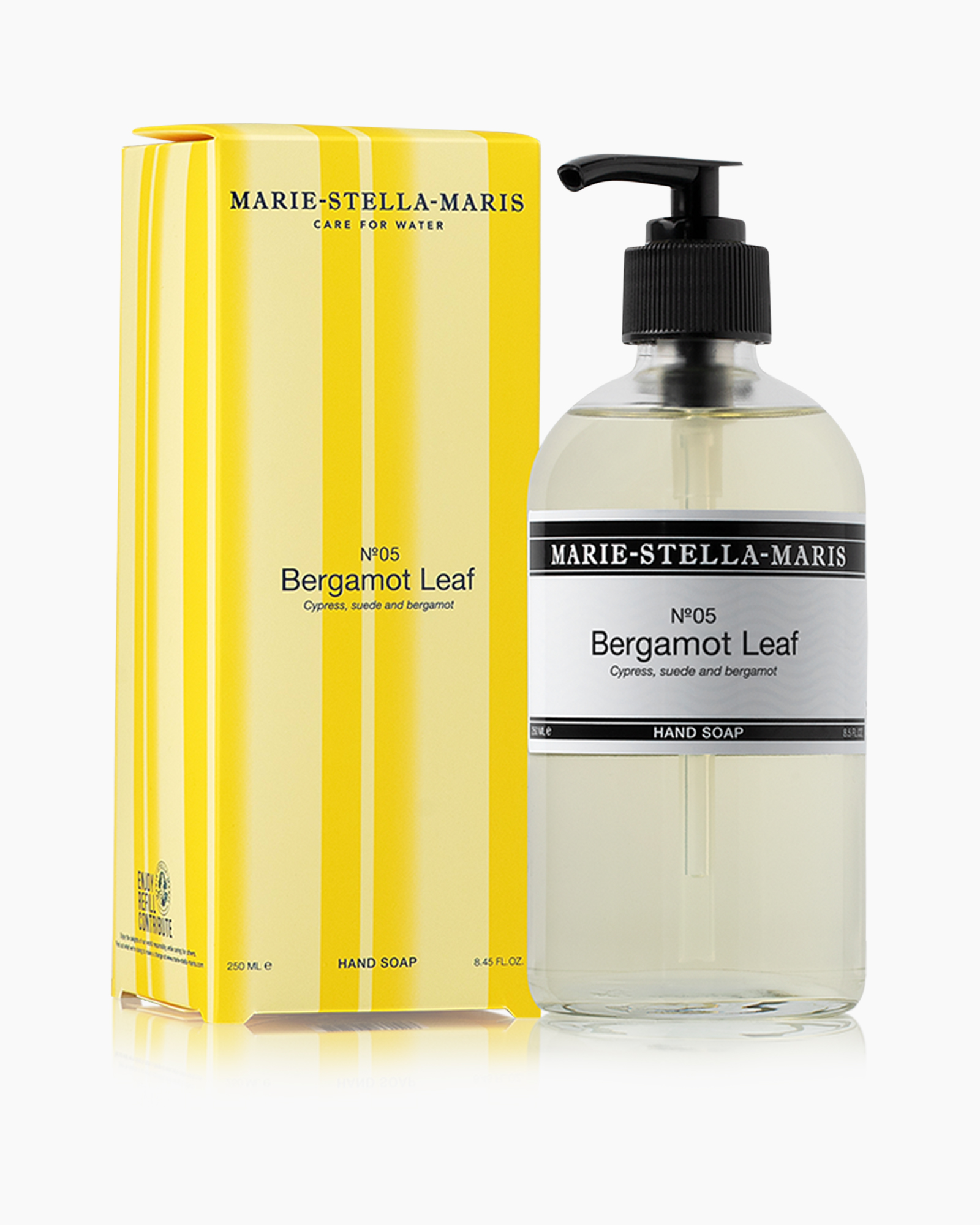 hand soap, bergamot, leaf, clear bottle, pump dispenser