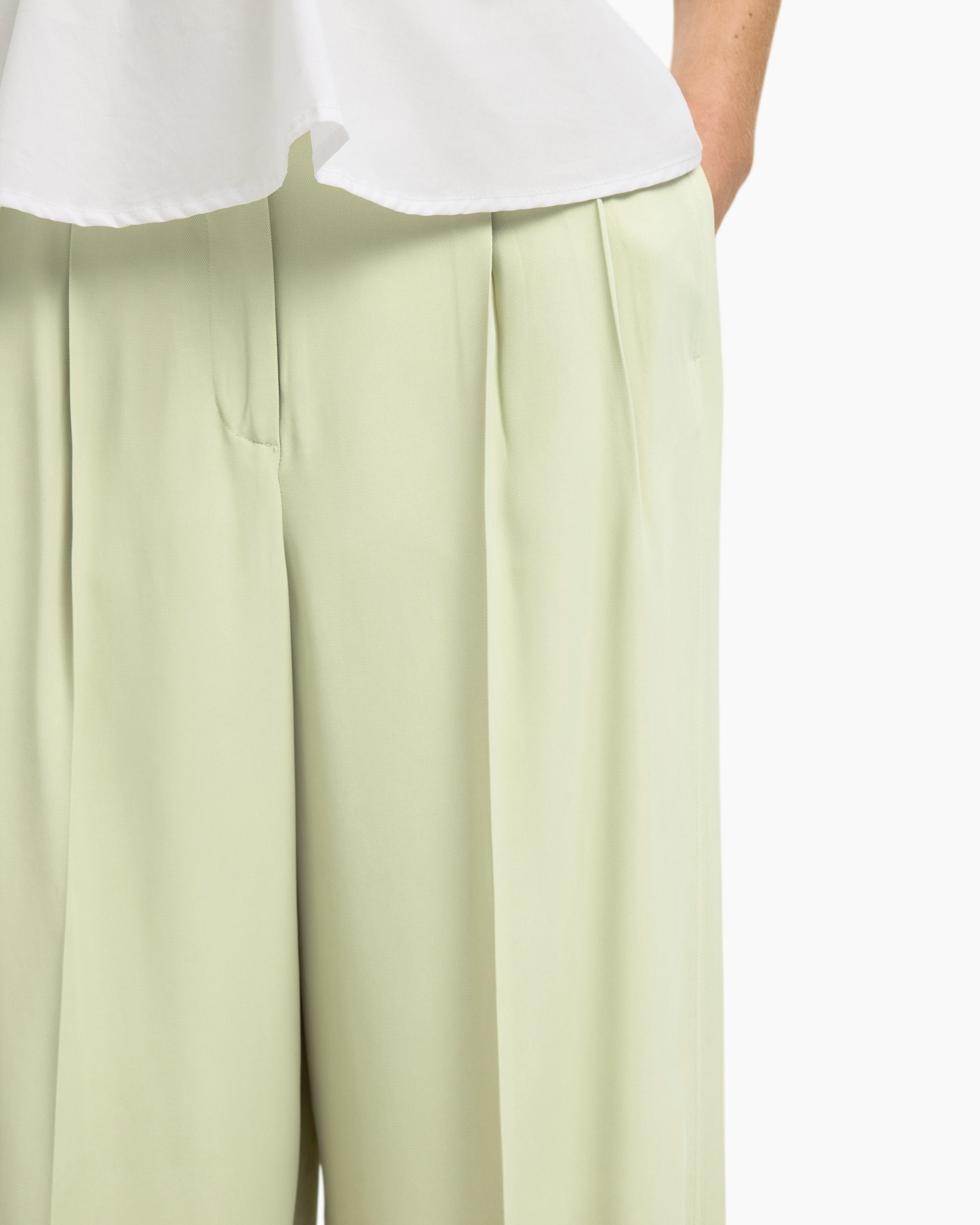 pants, trousers, wide-leg, pleats, pastel green