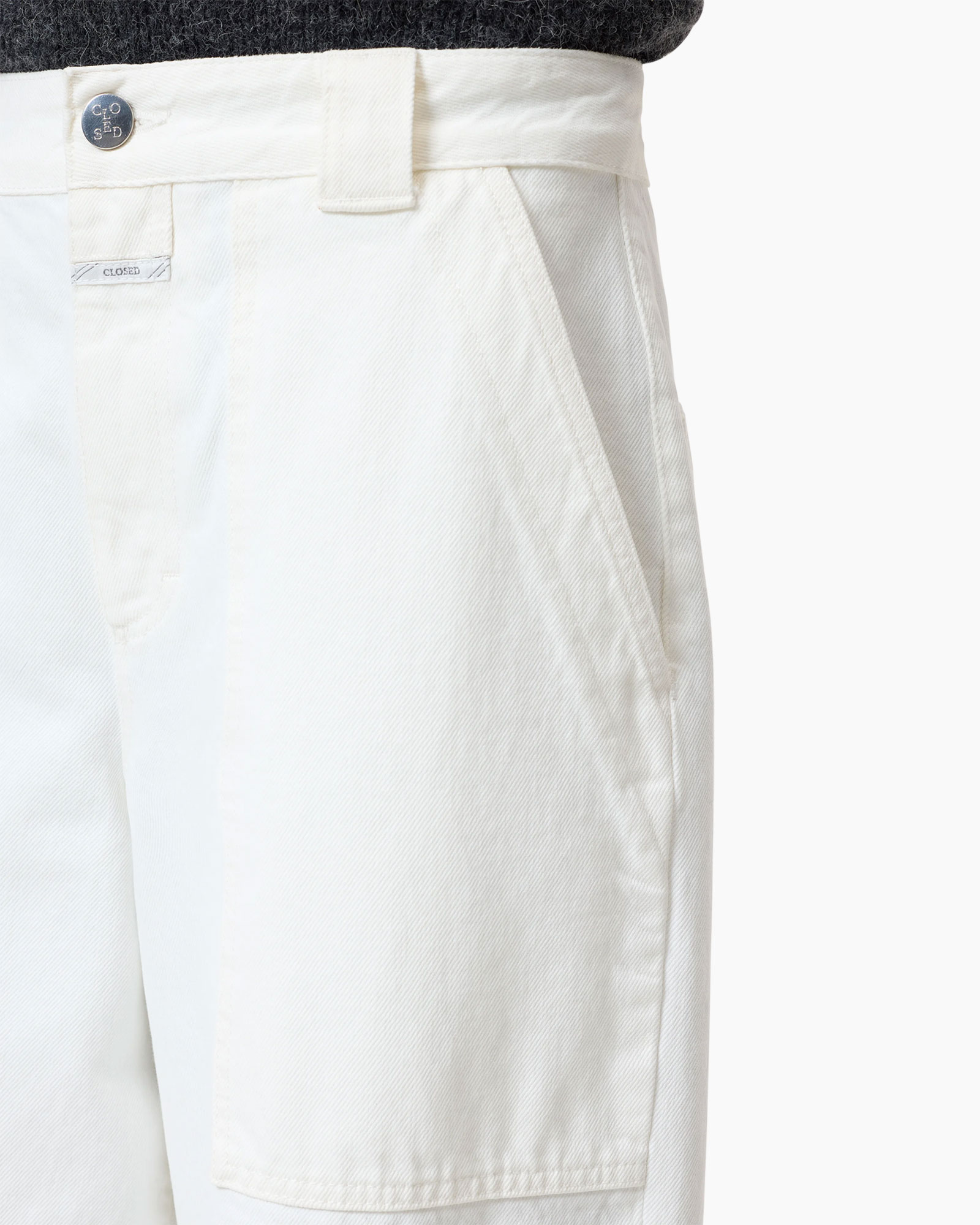 cargo pants, white, cotton, pleated pocket, button fly