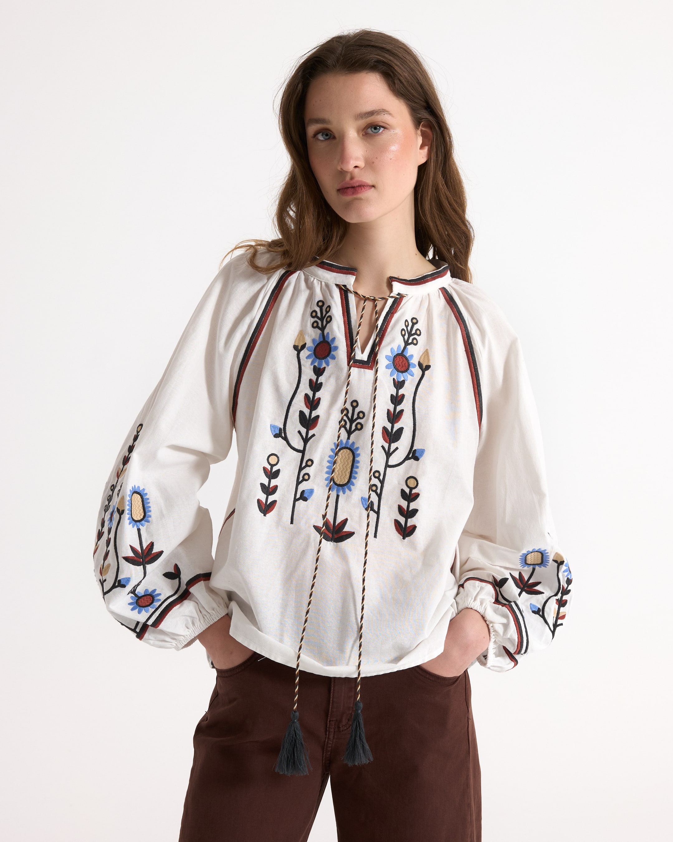 embroidered blouse, white blouse, boho top, floral embroidery, puff sleeve