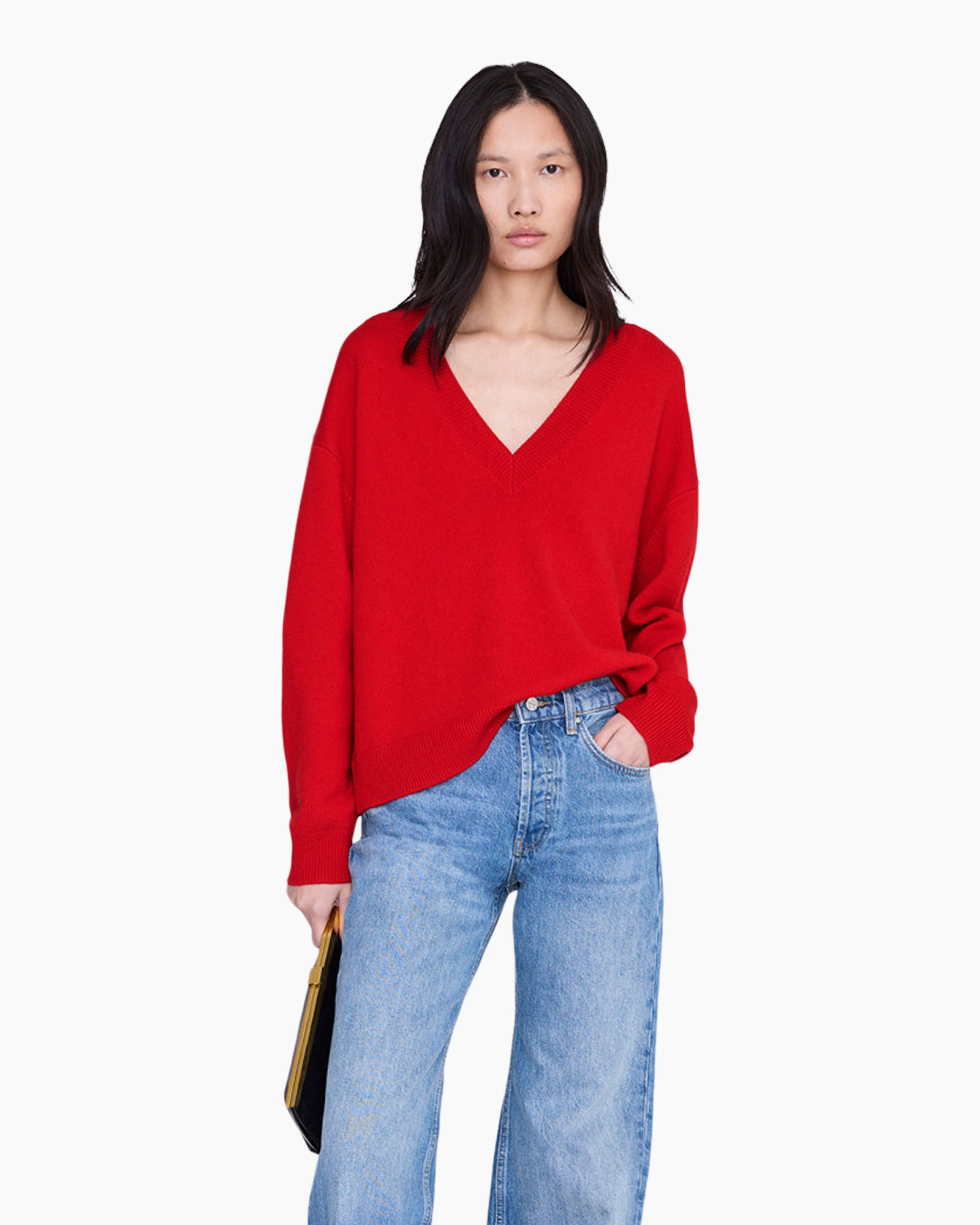 sweater, red, v-neck, knit, pullover