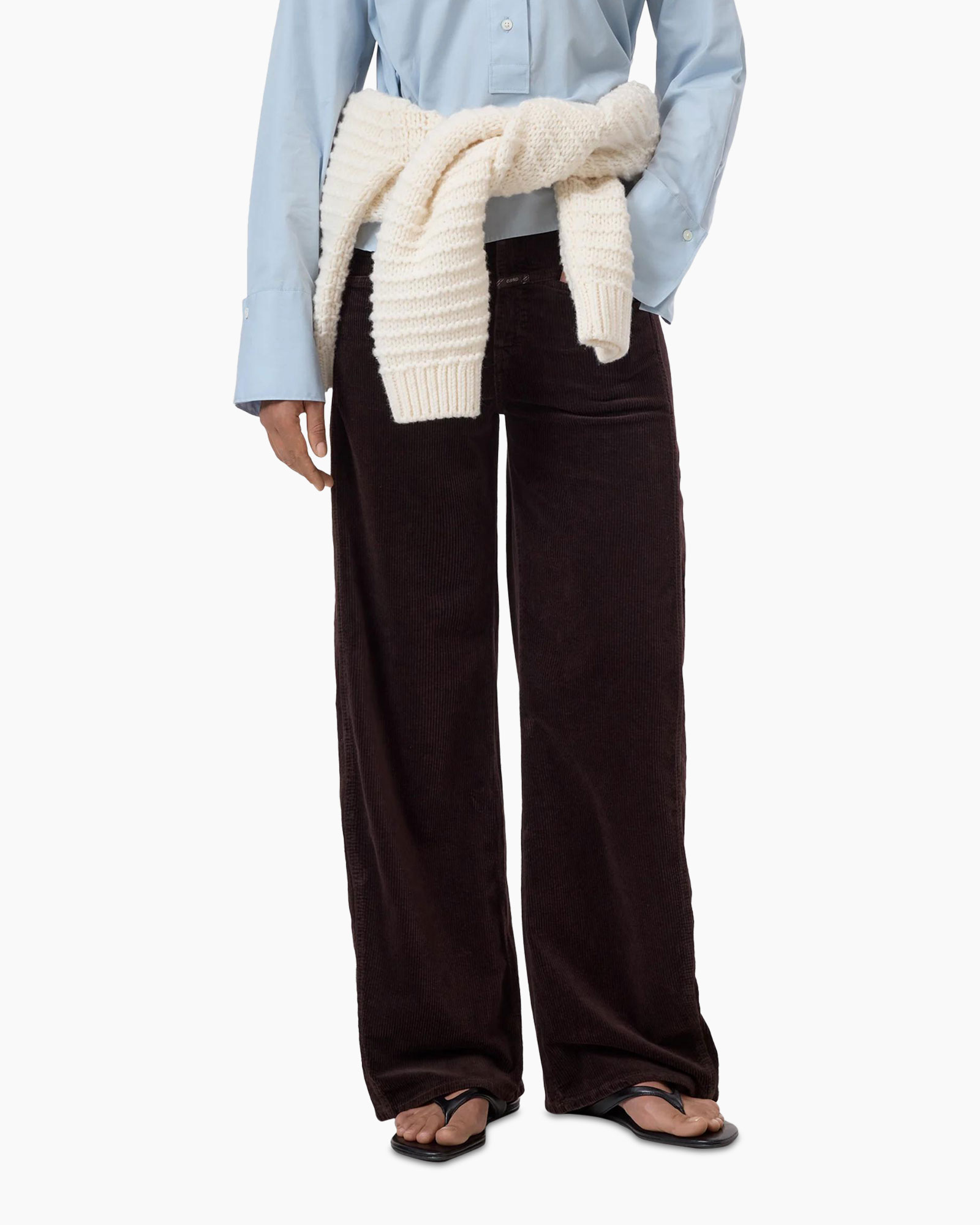 corduroy pants, wide-leg, brown, flannel-like, sandals