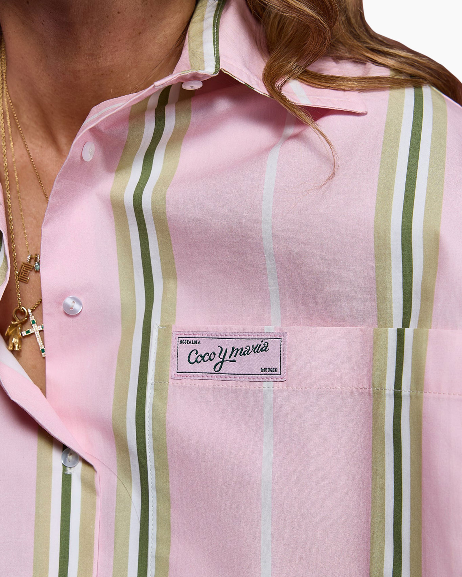 pink shirt, striped pattern, button-down, pocket, label