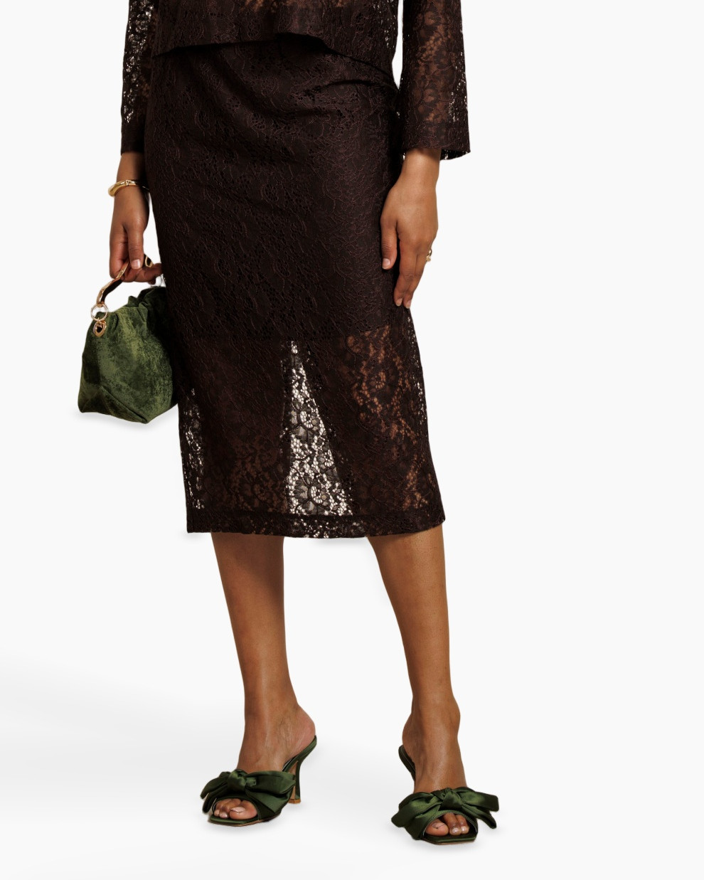lace dress, mid length, black, slit, green sandals