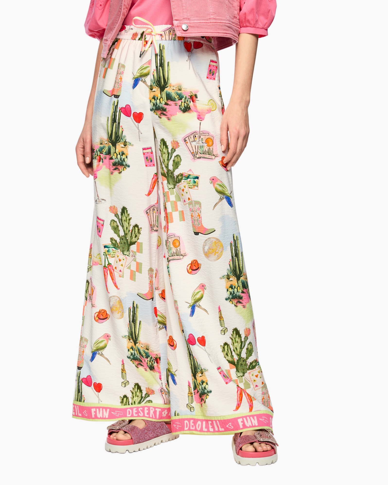 wide-leg pants, paisley print, desert motif, cactus pattern, pink trim