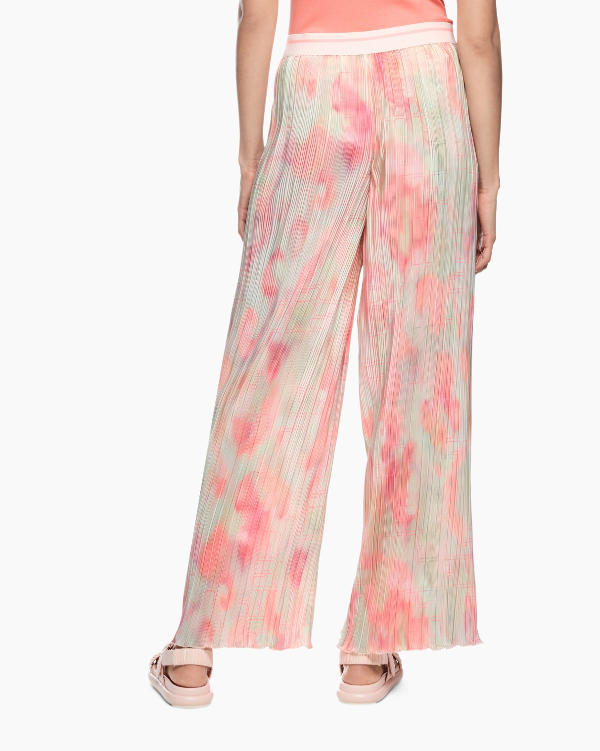 palazzo pants, wide-leg, tie-dye, soft pink, pleated