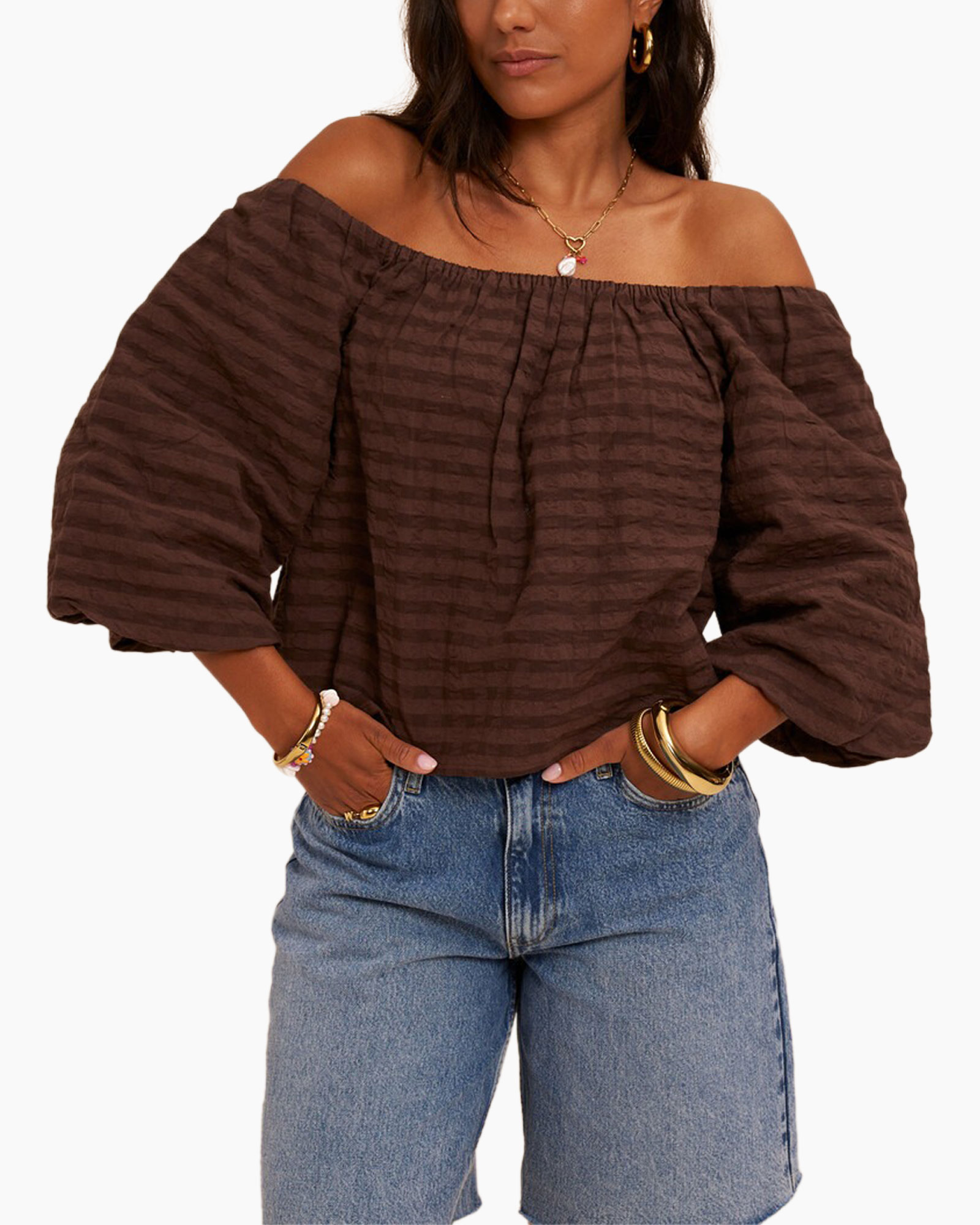 off-shoulder, brown, ruffled, top, long-sleeve