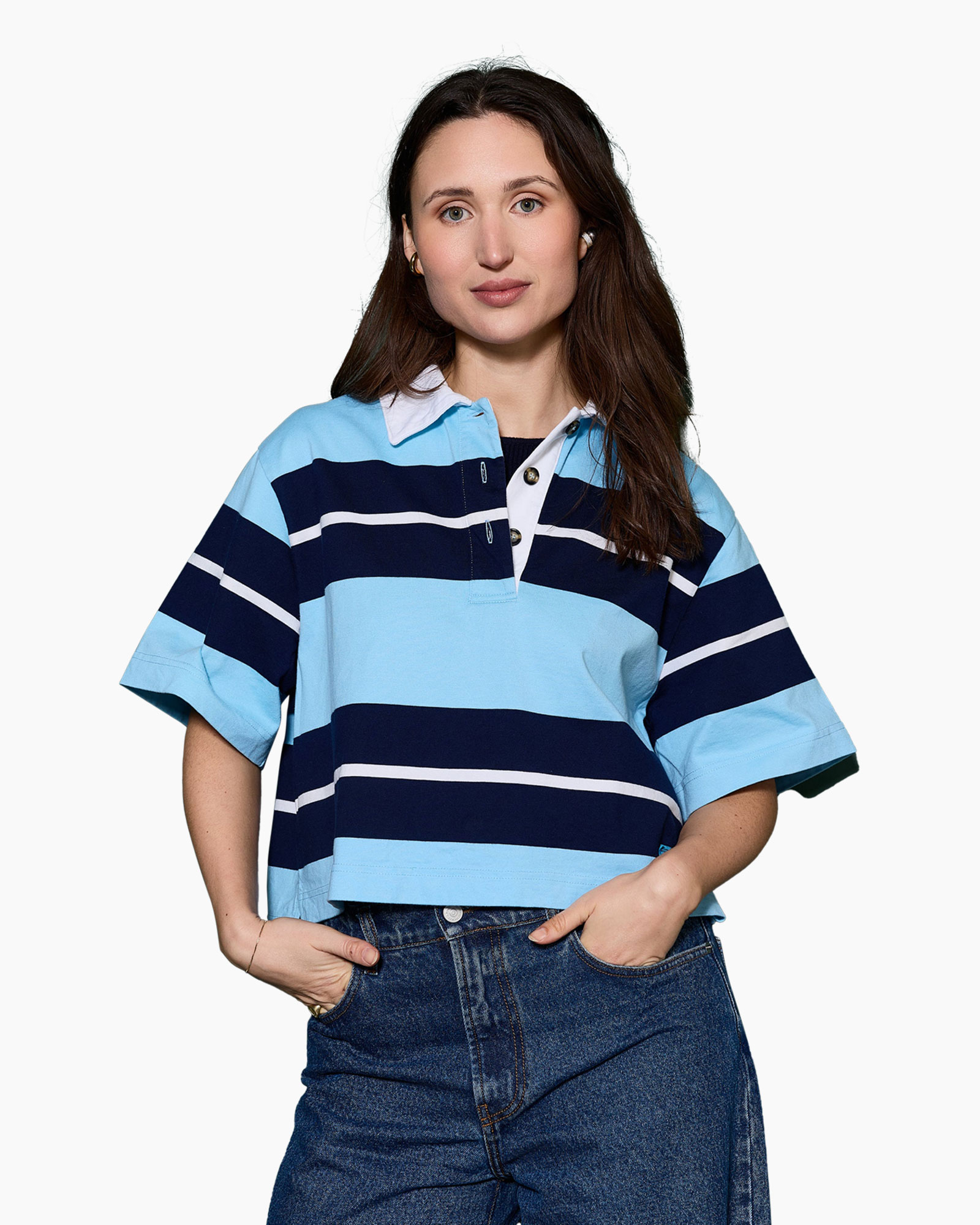 Shirt, Blouse, Jeans, T-Shirt, Person, striped polo, polo shirt, short sleeves, blue hues, casual top