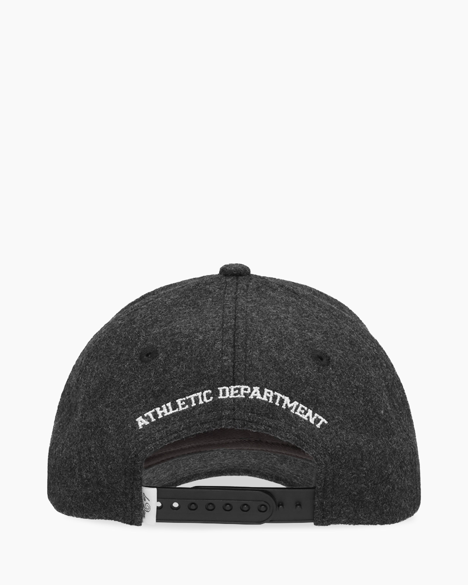 baseball cap, adjustable, dark gray, text letters, curved brim