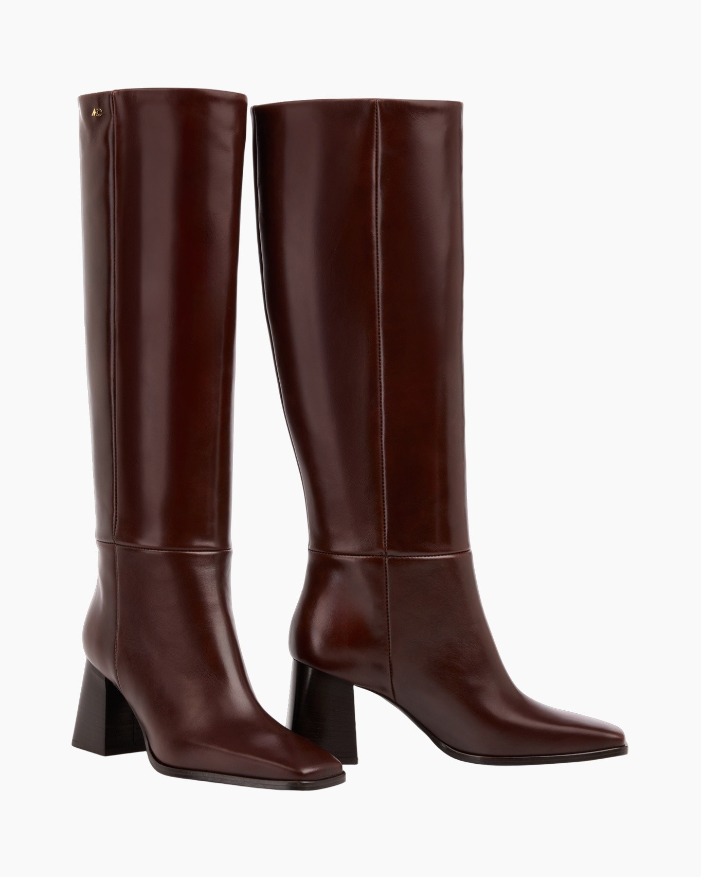 knee-high boot, boots, brown leather, block heel, mid-calf