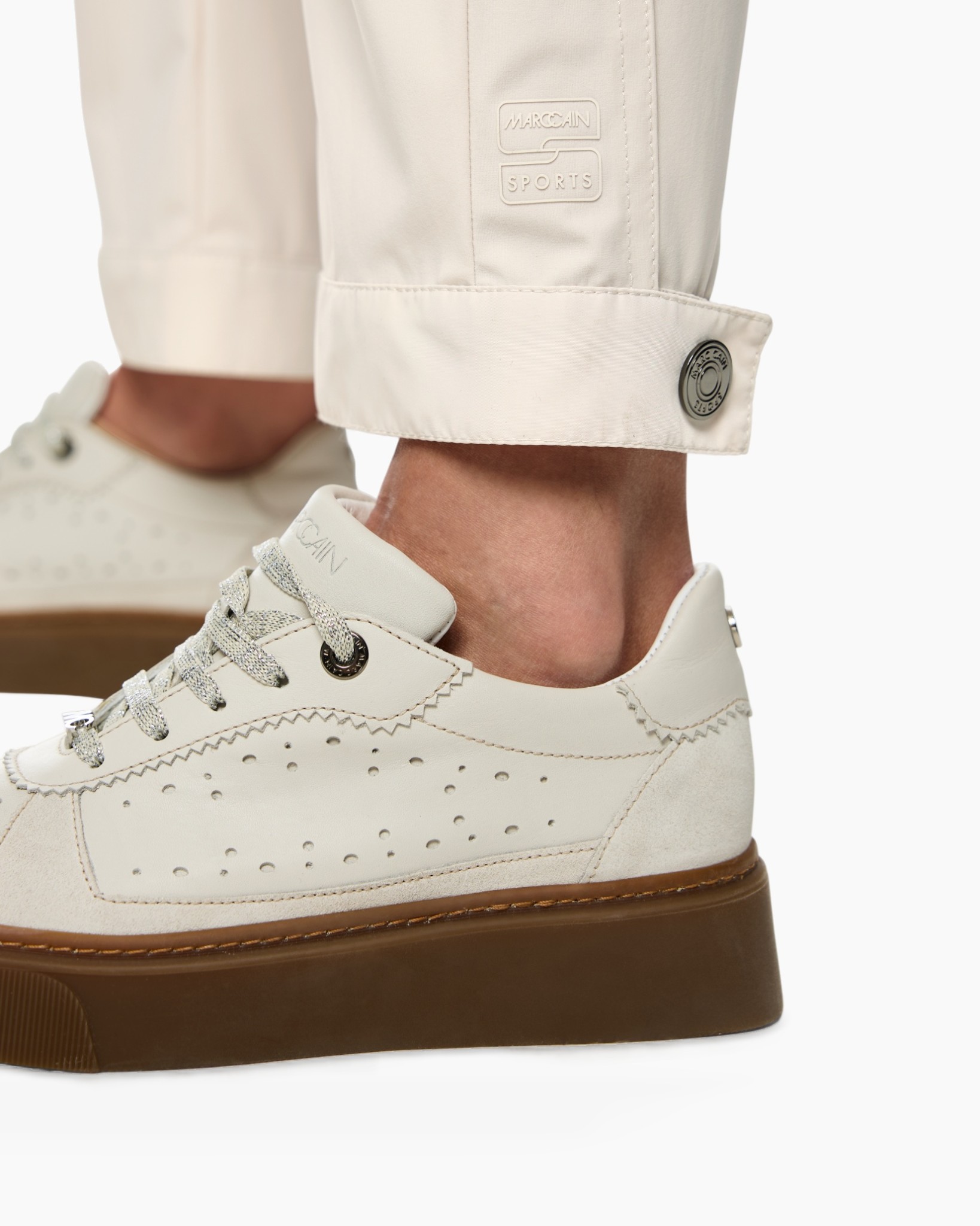sneakers, white, perforated, lace-up, gum sole