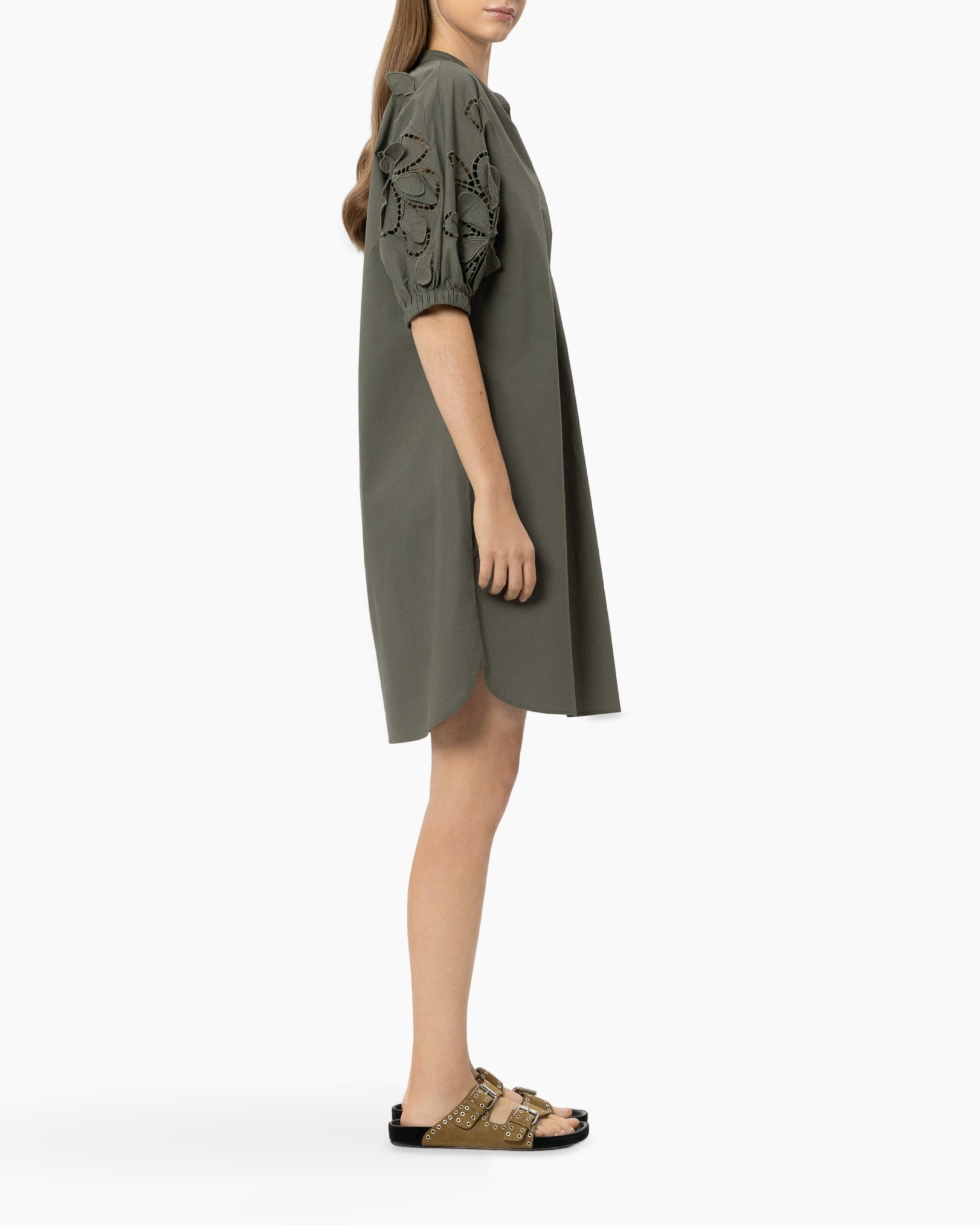 dress, short-sleeve, olive-green, knee-length, casual