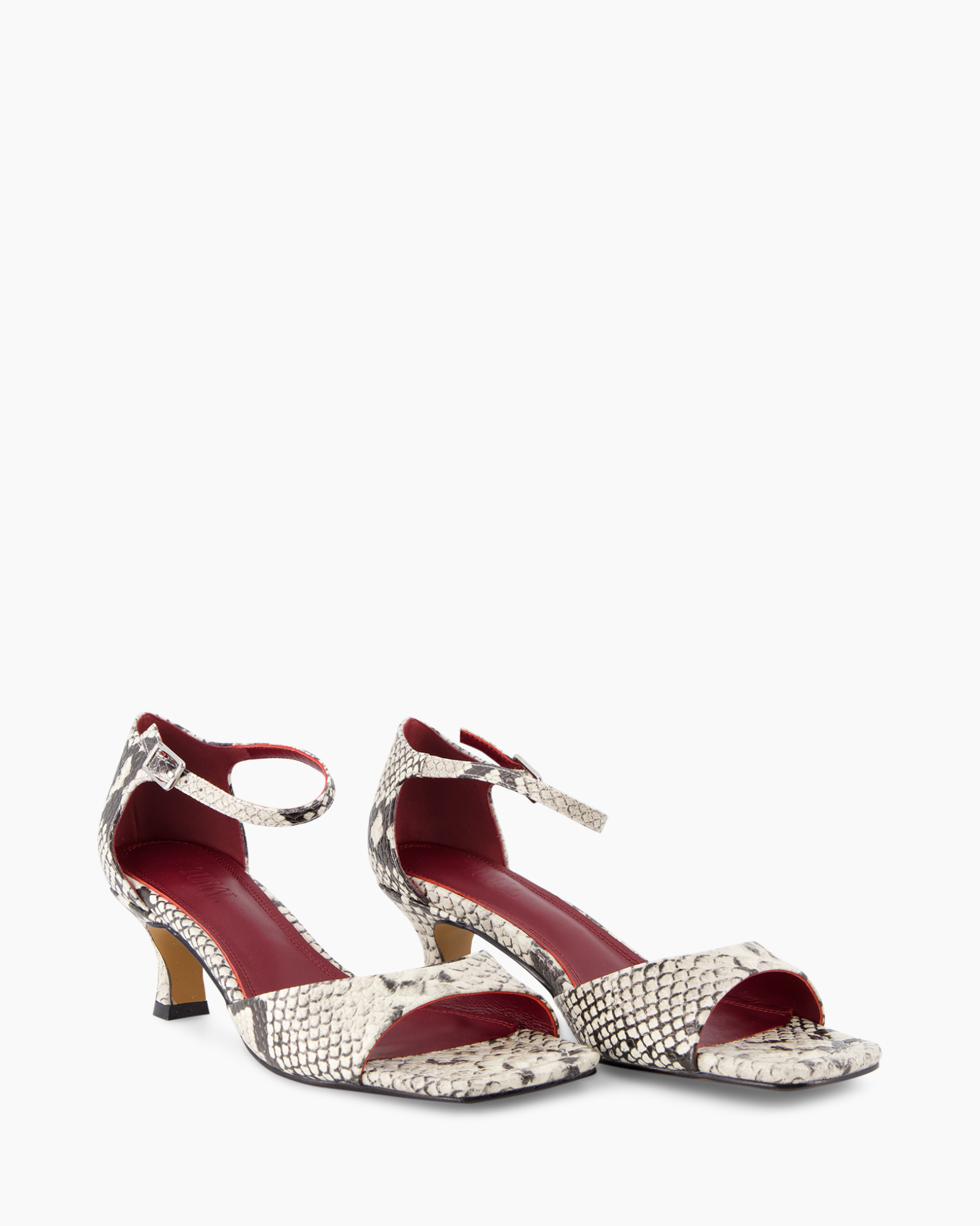 open-toe, ankle-strap, mid-heel, snake-print, sandals