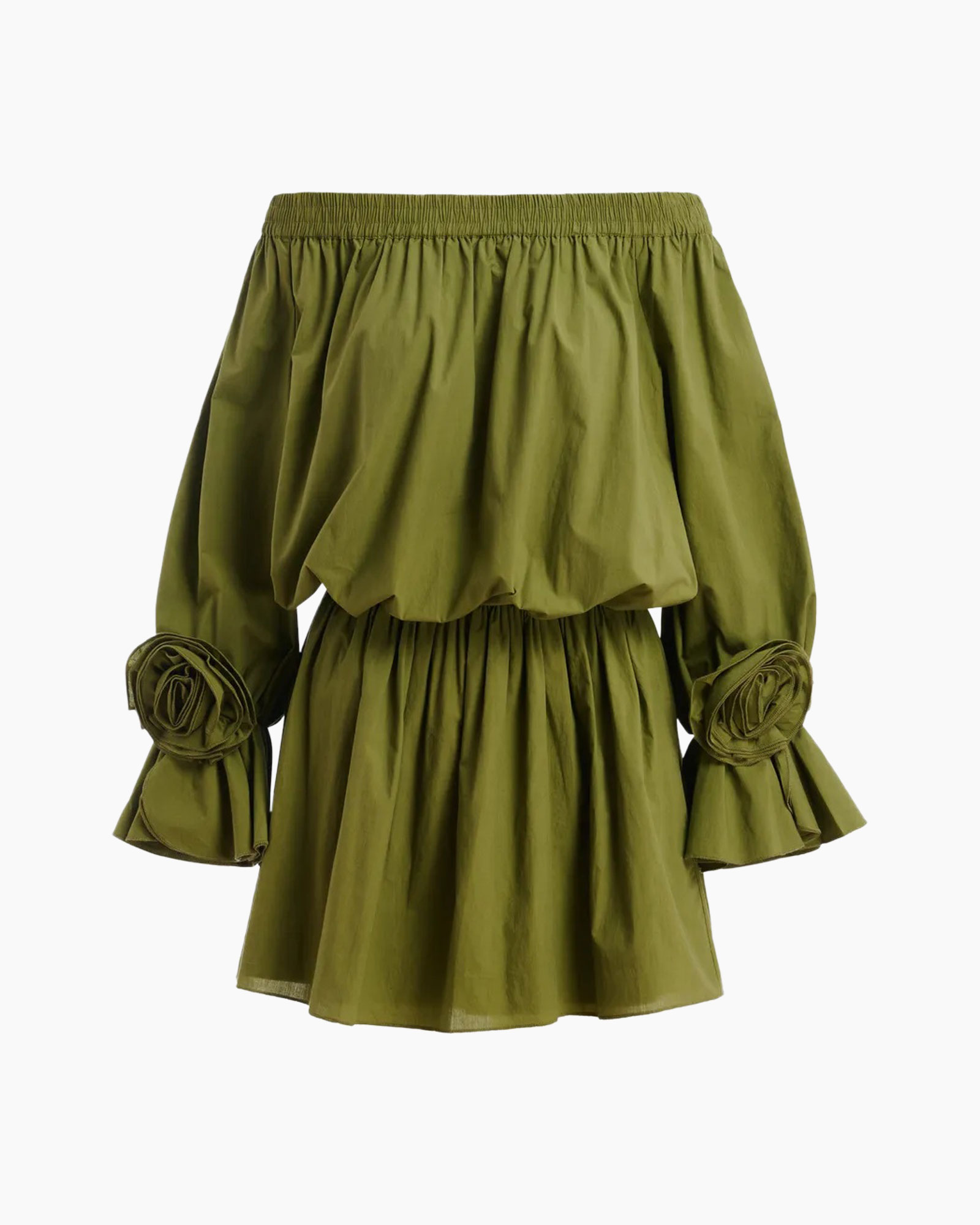 dress, off-shoulder, green, smocked, ruffled sleeves