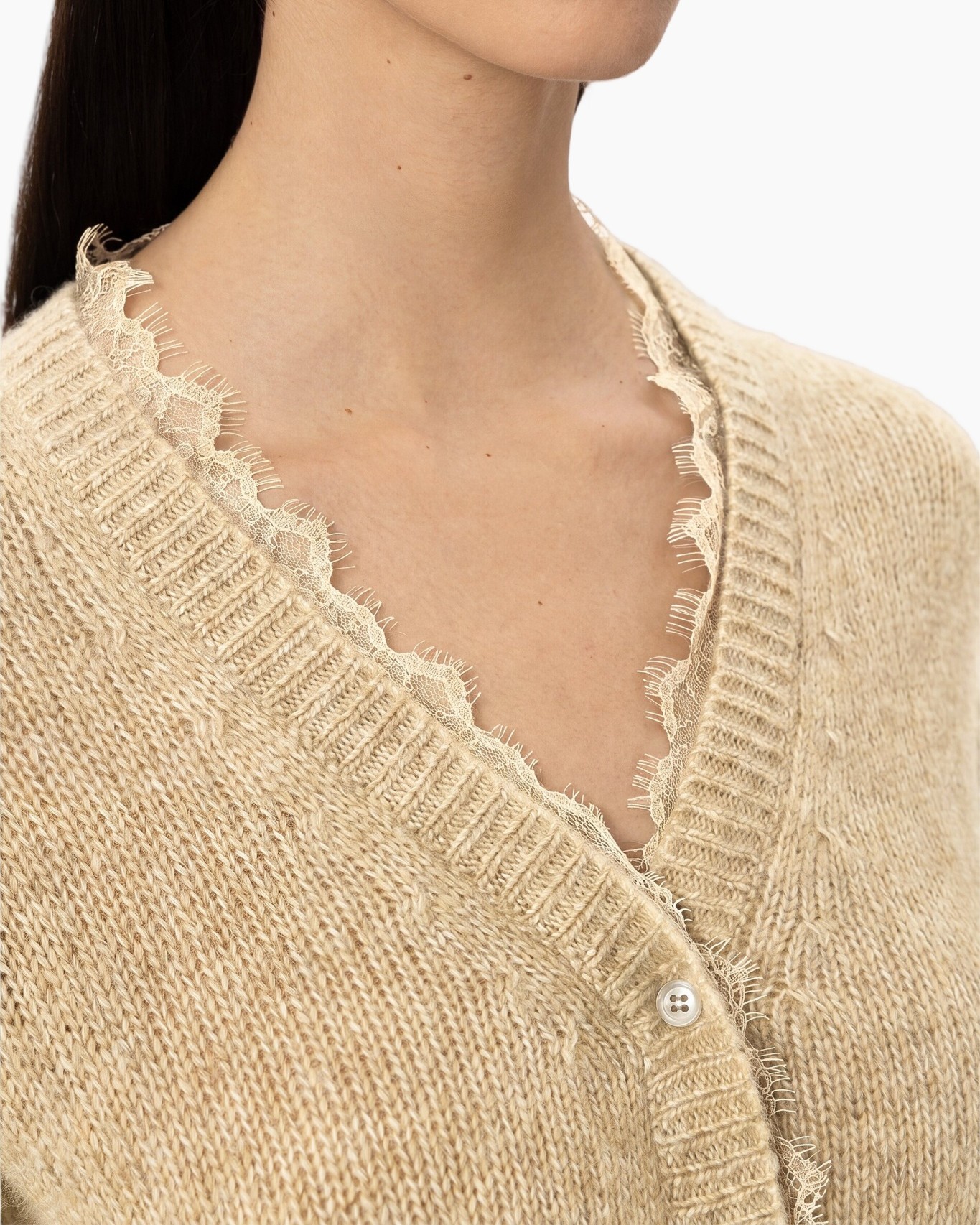 cardigan, knitwear, beige, lace trim, v-neck