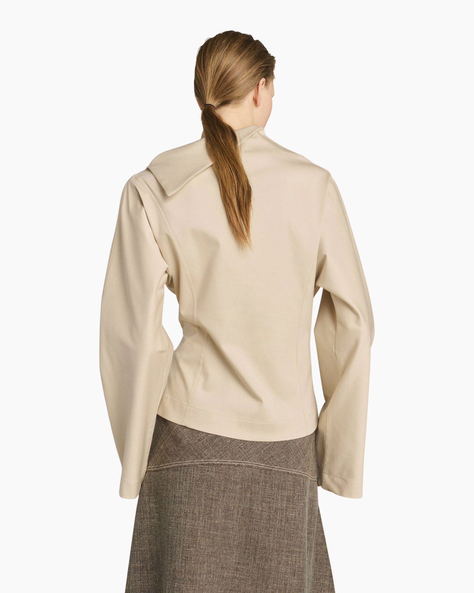 beige top, long sleeves, asymmetric collar, blouse, solid color