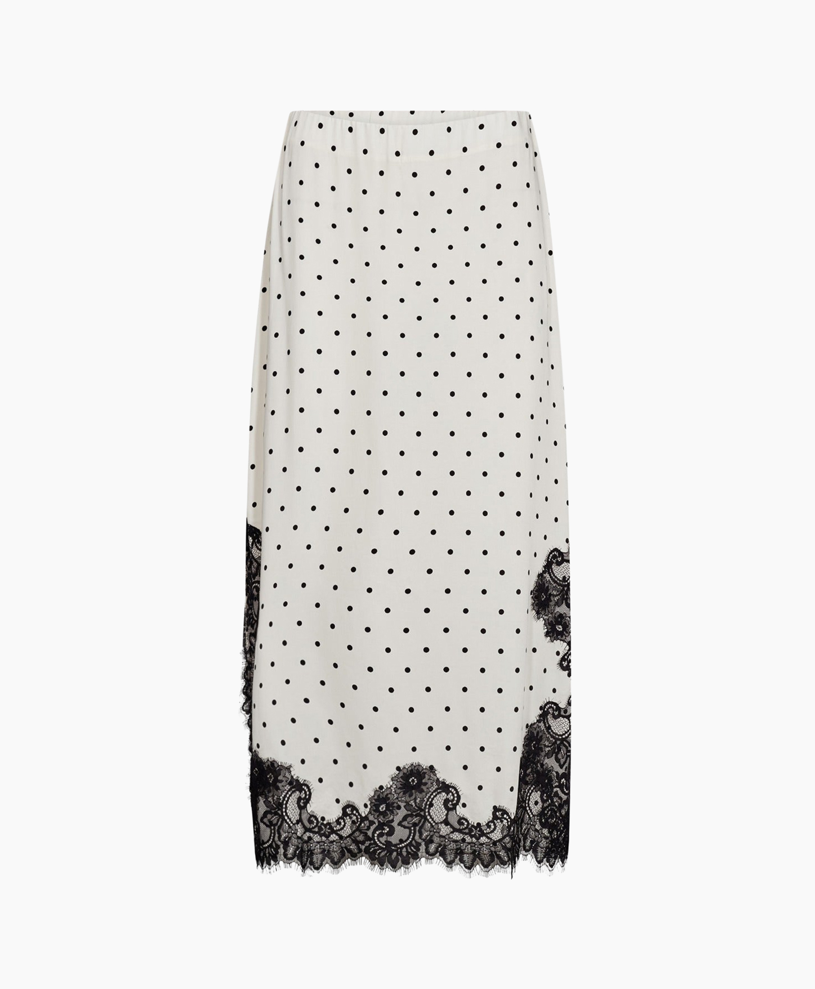 polka dot, mid-length, white, lace trim, skirt